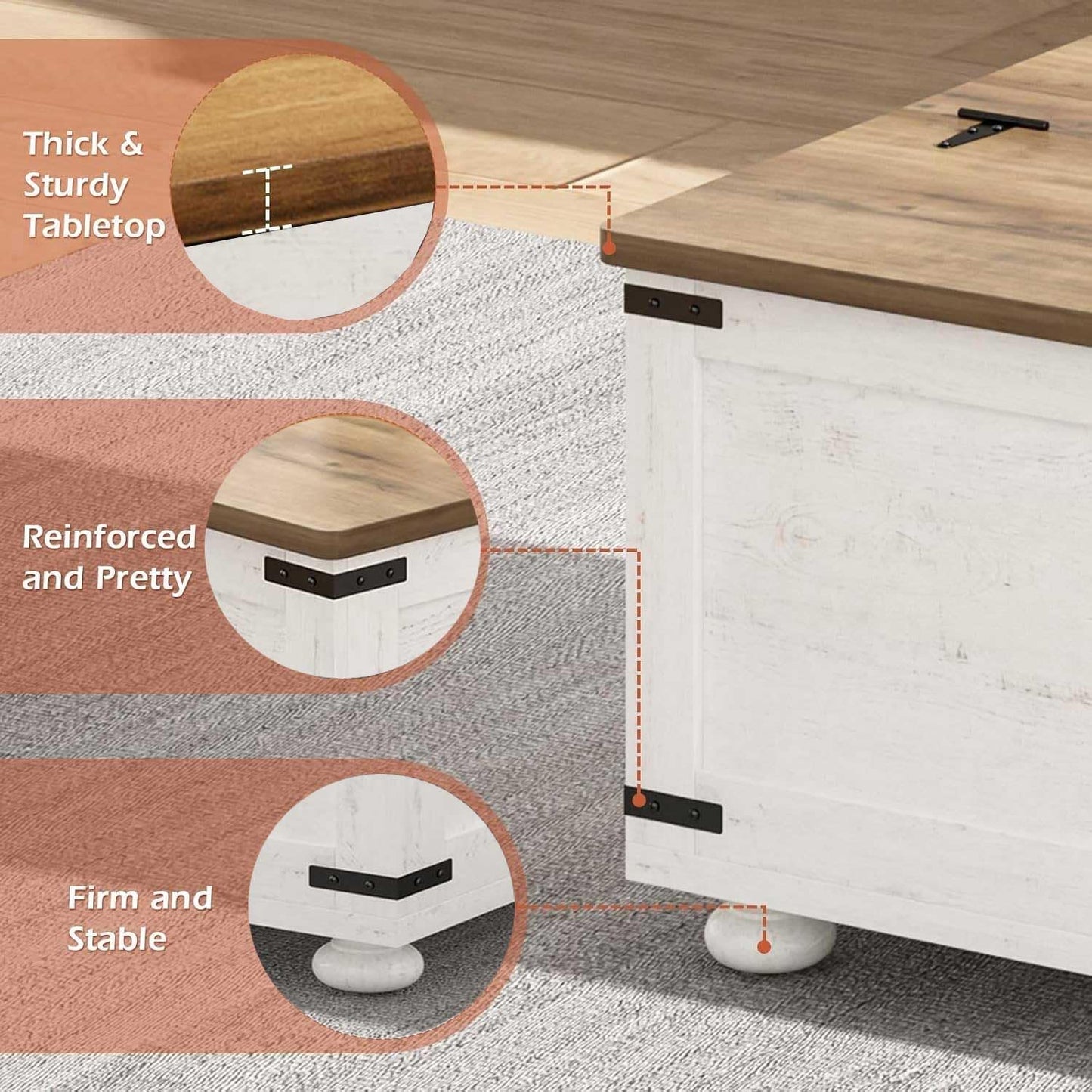 MaverickFurni White Farmhouse Coffee Table with Storage, Square Lift Top Coffee Table with Hydraulic and Wood Gourd Feet for Living Room, White