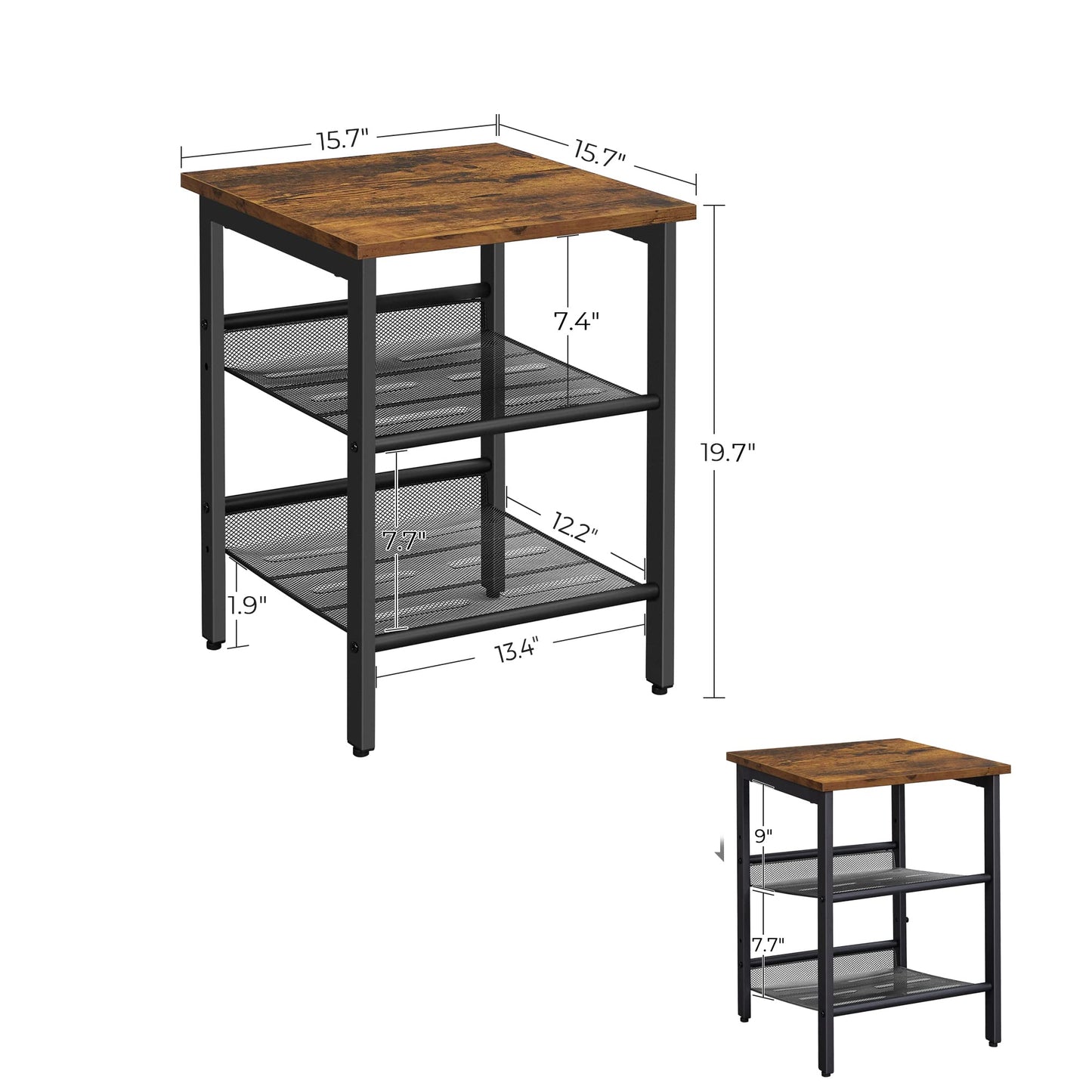 VASAGLE Nightstand, Set of 2 Side Tables, End Tables with Adjustable Mesh Shelves, for Living Room, Bedroom, Industrial, Stable Steel Frame, Easy Assembly, Rustic Brown and Black ULET24X