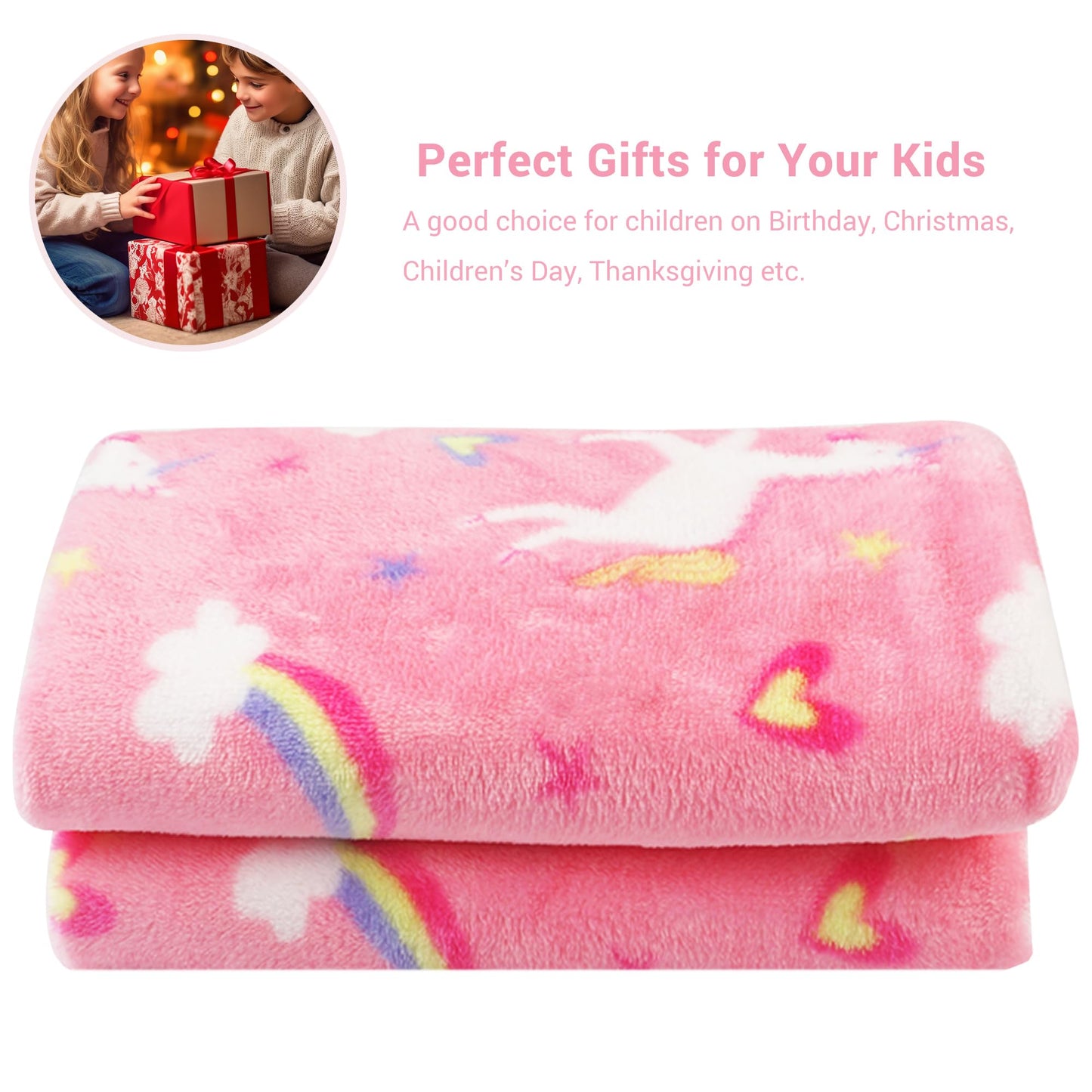 Viviland Kids Unicorn Print Blanket, Warm Lightweight Plush Pink Unicorn Fleece Throw for Sofa, Couch, Bed - 30" x 40"