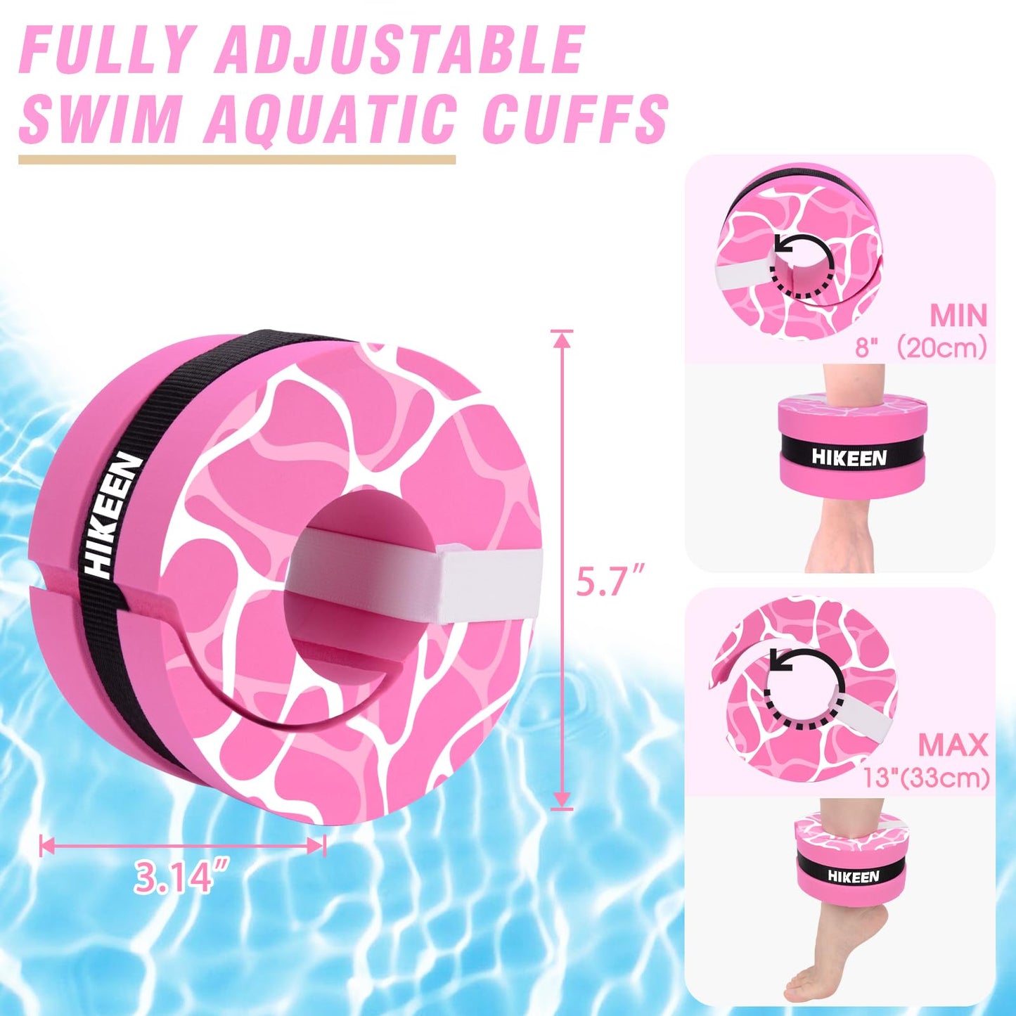 Hikeen Swim Aquatic Cuffs,High-Density EVA Water Aerobics Float Ring Fitness Pool Exercise Weights Set, Water Ankles Arms Belts with Adjustable Float for Swim Fitness Training (Pink)