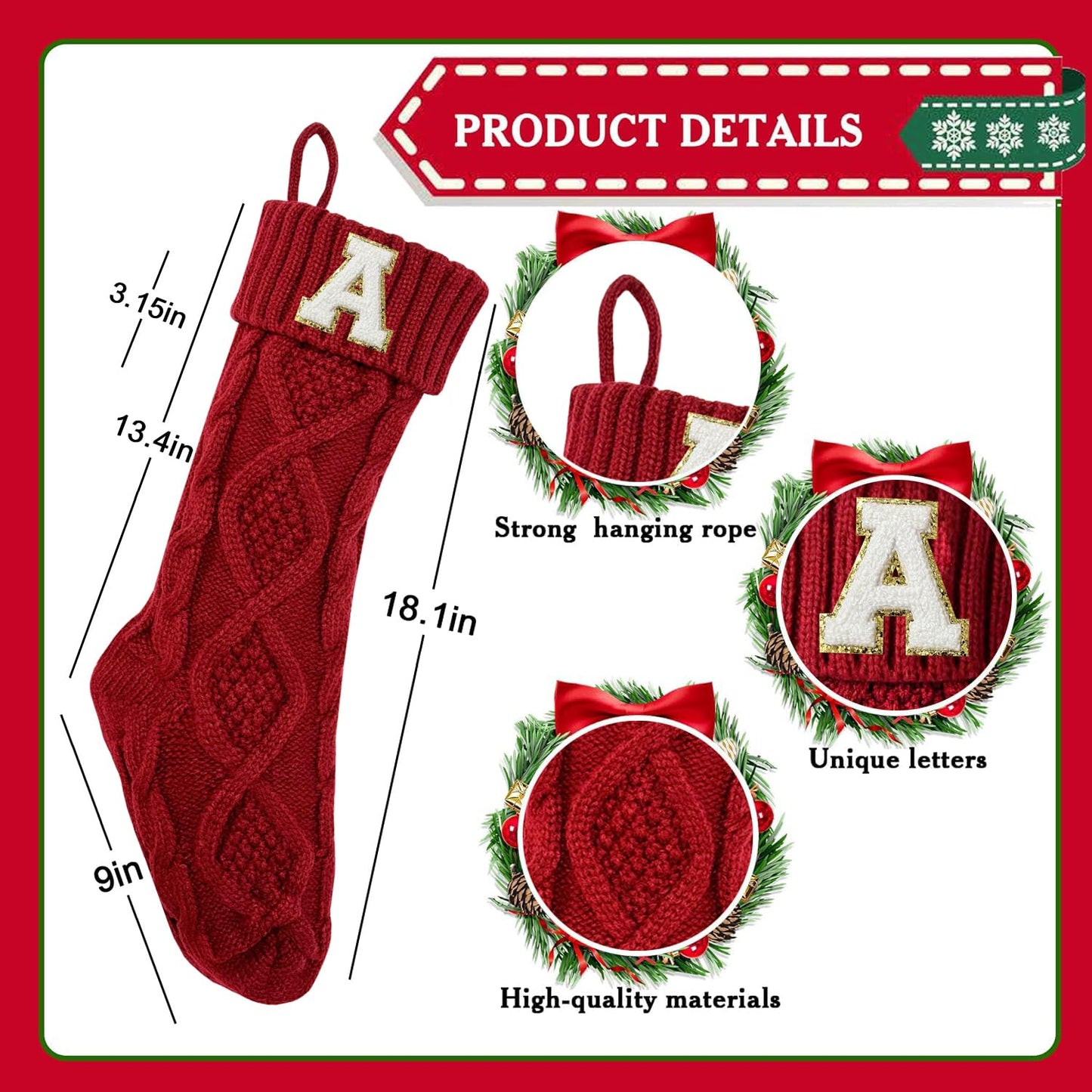 TETOU Monogram Christmas Stockings with Initials Letter 18" Stockings for Christmas Party Decoration (Red K)