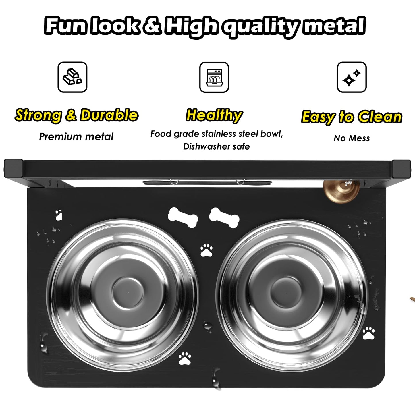 SHAINFUN Elevated Dog Bowls with Mat, Adjustable Height 4.3''-11.8'', Metal Stand, Two 1.7L Stainless Steel Food & Water Bowls for Large, Medium Dogs