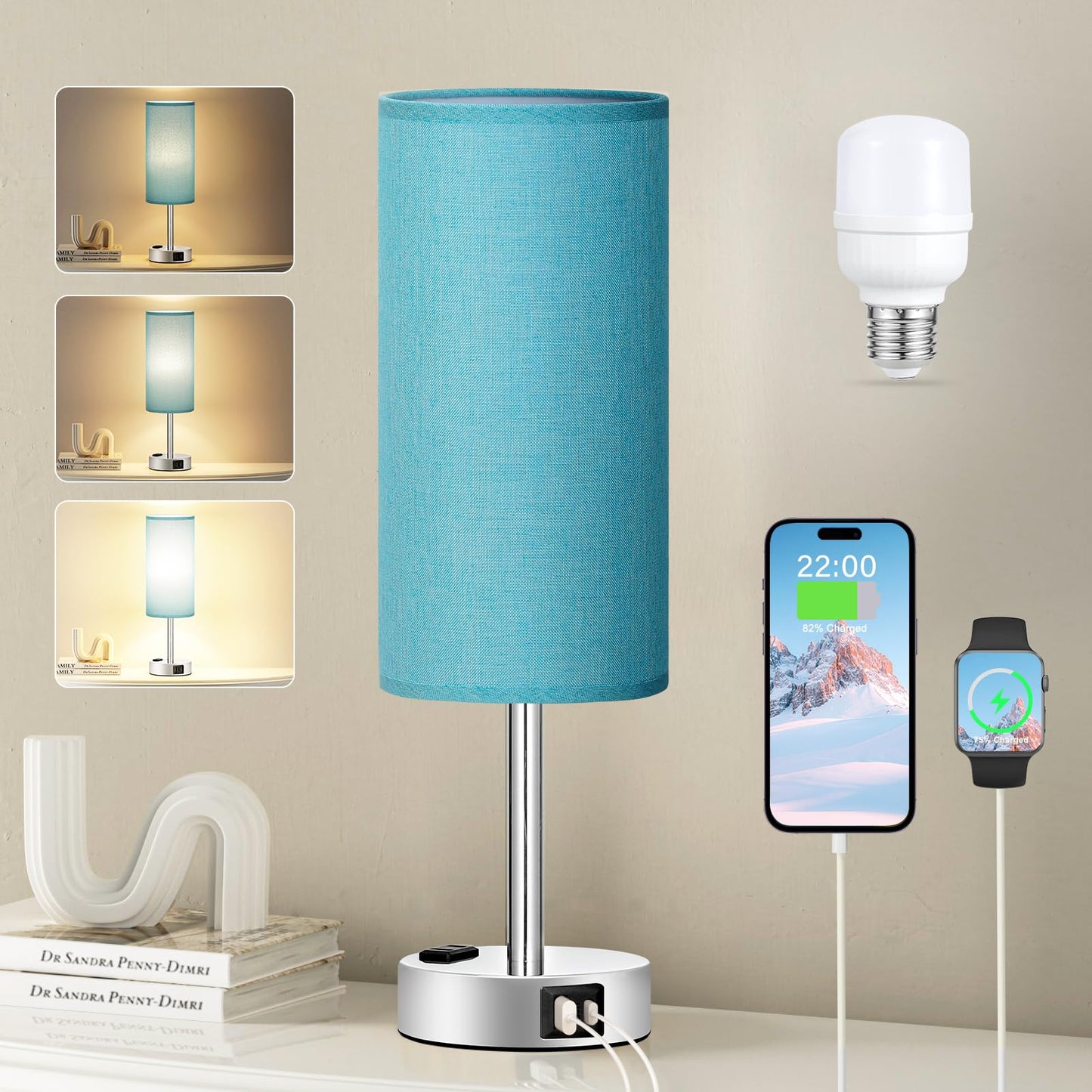 Bedside Table Lamp for Bedroom - 3 Way Dimmable Touch Lamp USB C Charging Ports and AC Outlet, Small Lamp Wood Base Round Flaxen Fabric Shade for Living Room, Desk, LED Bulb Included