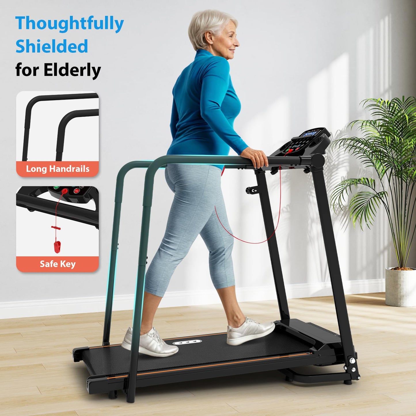 CIIHI Walking Treadmill for Senior - 300 Lbs Capacity Foldable Senior Treadmill with Long Handrails - Home Recovery Fitness Exercise Walking Machine for Elder with Phone & Cup Holder