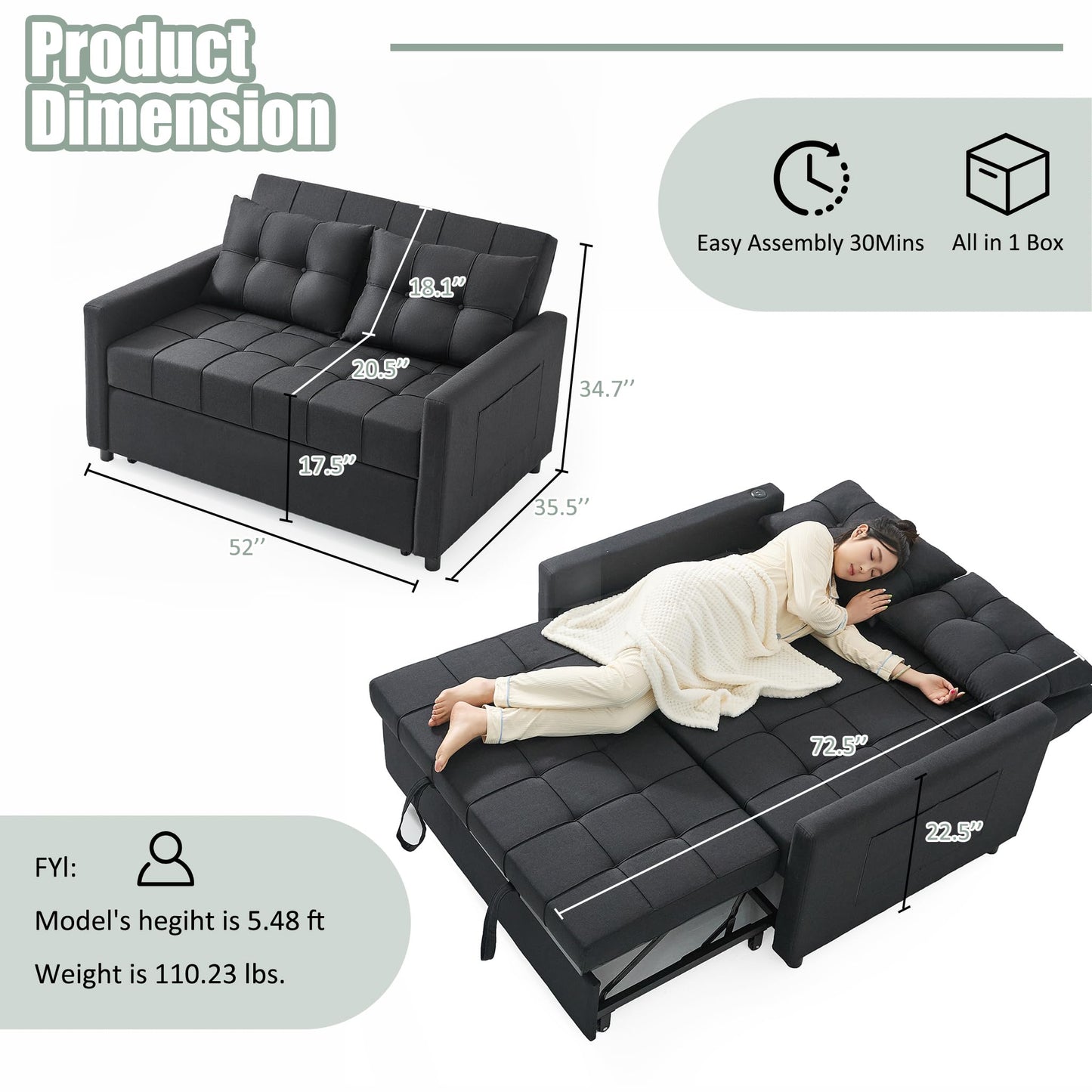 GOSUHI 52" Sleeper Sofa with Pull-Out Bed, 3-in-1 Convertible Sofa Bed, Loveseat with Stepless Adjustable Backrest and Side Pocket, for Living Room Dorm Apartment, Linen, Black