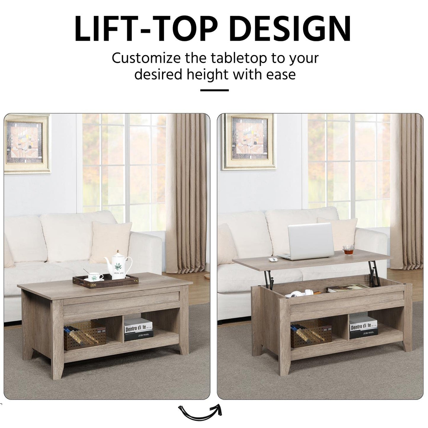 Yaheetech Modern Lift Top Coffee Table with Hidden Storage Compartment & 2 Open Shelf, Rising Center Accent Table Farmhouse Table for Living Room Office, 24.2in H, Gray