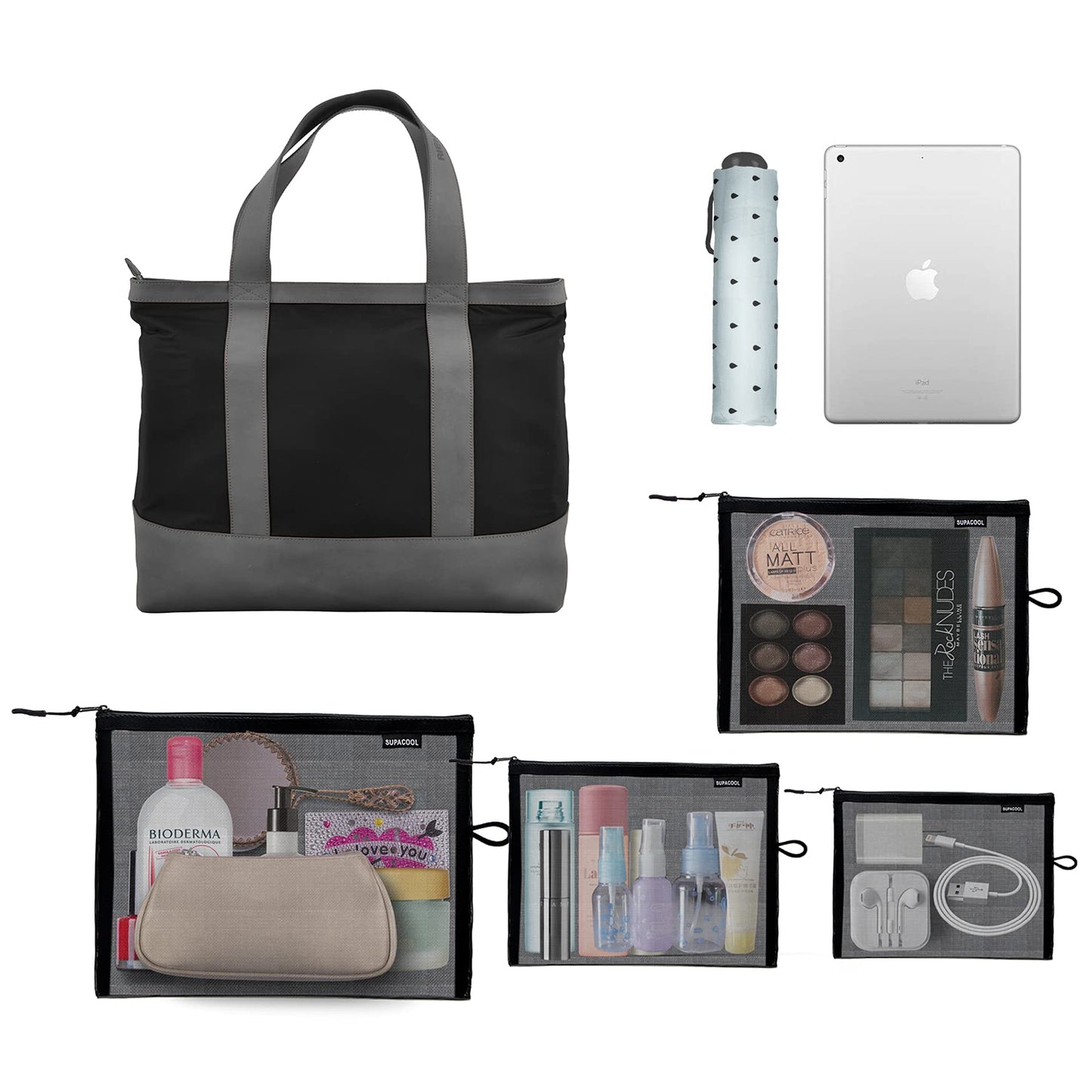 SUPACOOL Set of 4 Travel Mesh Makeup Bag, Cosmetic Organizer Pouches with Zipper, Diaper Organizing Pouches, Nylon Toiletries Bag for Women and Men(4pcs, Black)