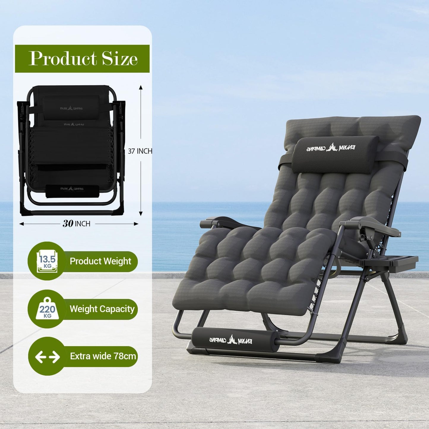 Oversized Outdoor Zero Gravity Chair with Removable Cushion, XL Folding Patio Reclining Lounge Chair with Tray/Footrest/Headrest for Indoor Camping Sunbathing Relaxing