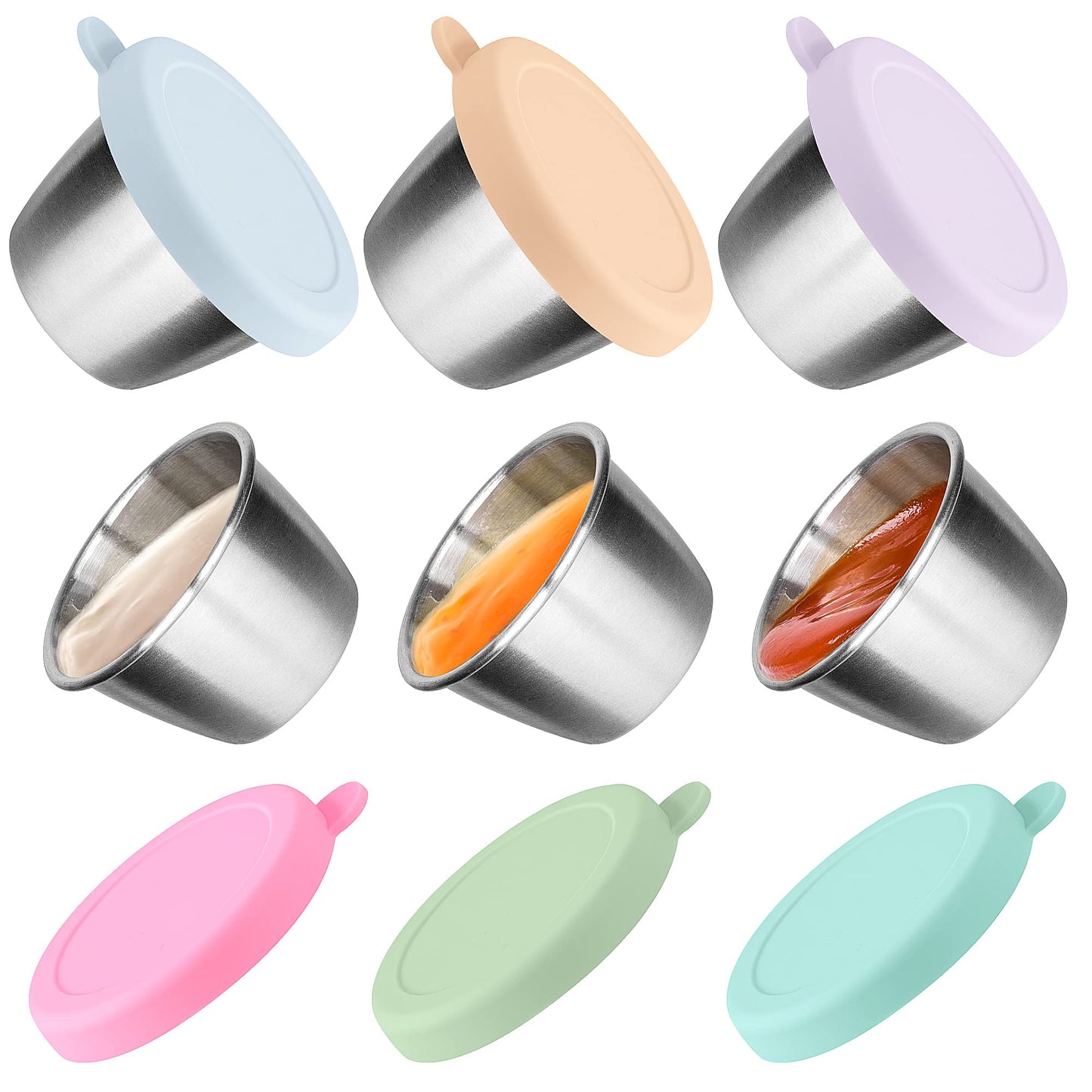 Salad Dressing Container To Go, 6x2.4 oz Small Containers with Lids, Reusable Sauce Containers for Lunch Box, 18/8 Stainless Steel Condiment Cup, Easy to Open, Leakproof Dipping Sauce Cups