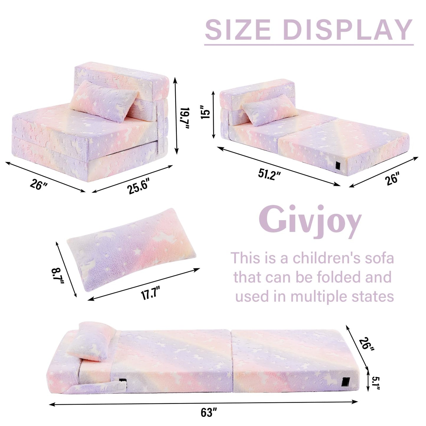 Givjoy Folding Sofa Bed Floor Mattress for Kids with Pillow, Toddler Washable Folding Floor Nap Mat Futon, Child Fold Up Sofa Chair Bed with Storage Bag for Girls and Boys