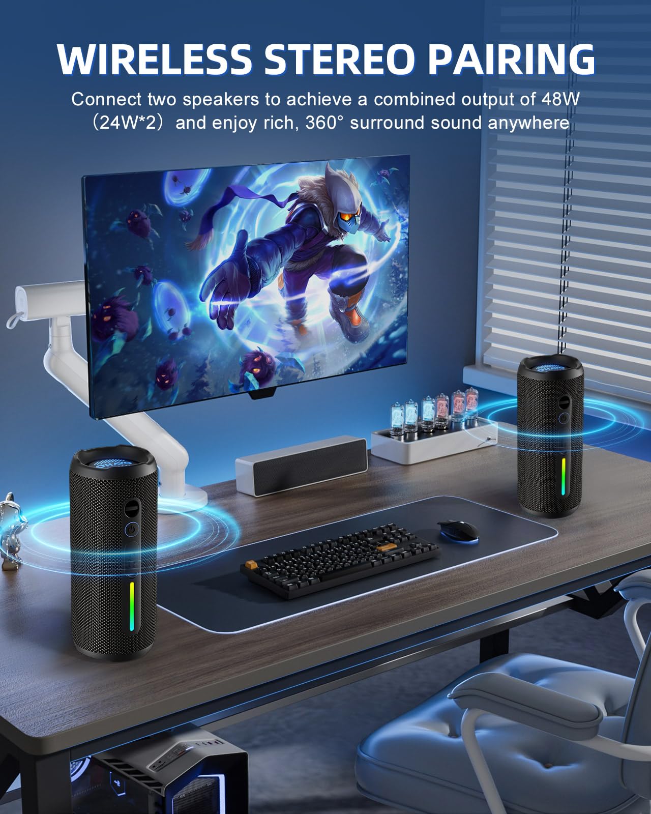 OHAYO Portable Bluetooth Speaker - IPX7 Waterproof, Wireless Stereo Pairing, 25-Hour Playtime, 24W Loud Sound, Bluetooth 5.3, Bass Boost, LED Lights, for Home/Shower/Outdoor/Beach/Travel, Gift Ideas