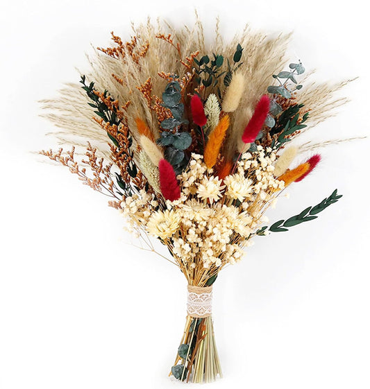 Dried Flower Bouquet, 17" Natural Dried Pampas Grass Decor, Boho Pampas Dried Flower Arrangements Contains Bunny Tails Dried Flowers Eucalyptus and Reed Grass for Home Decor