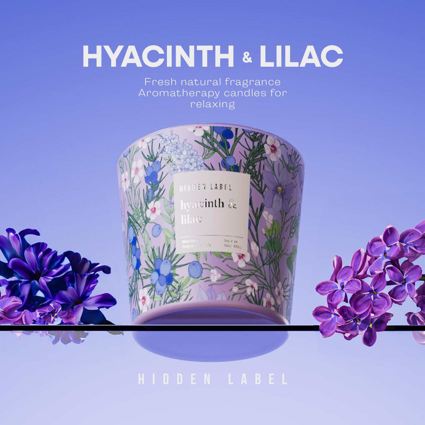 Hidden Label Hyacinth & Lilac Soy Candle, 3 Wick Large Candles for Home Scented, 30oz Natural Soy Candles Non Toxic, 100 Hour Burn Time, Aromatherapy Candle for Stress Relief, SPA, Larger Rooms