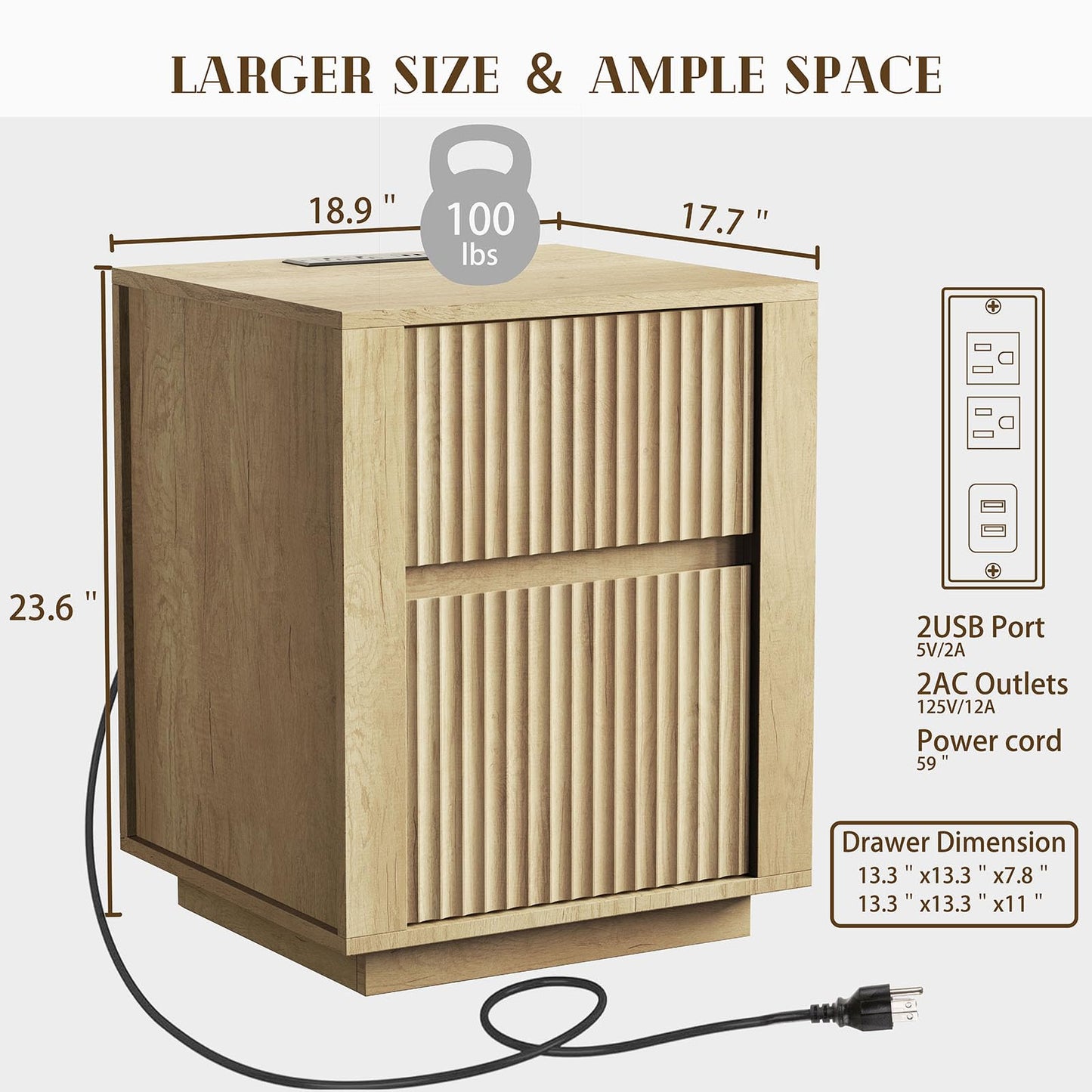 Modern Nightstand with USB Charging Ports, Wavy Bedside Table for Bedroom, Wood End Table Storage Cabinet for Living Room Sofa Office (Double Drawer)