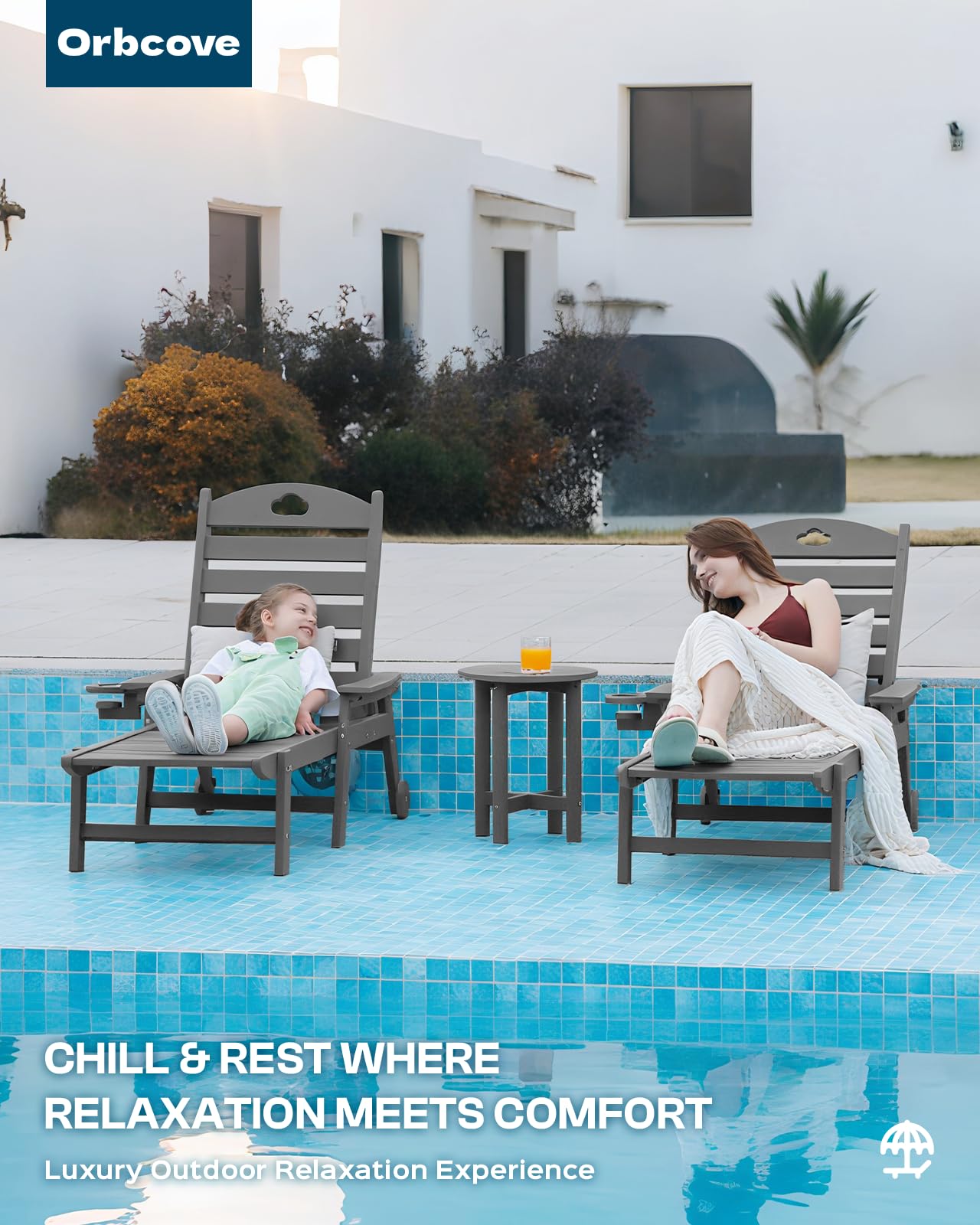 Orbcove Oversized Chaise Lounge Chair Outdoor with Wheels & Cup Holder, 6-Position Adjustable HDPE Patio Lounge Chair for Poolside, Garden, Deck & Lawn (Grey, 2-Piece)