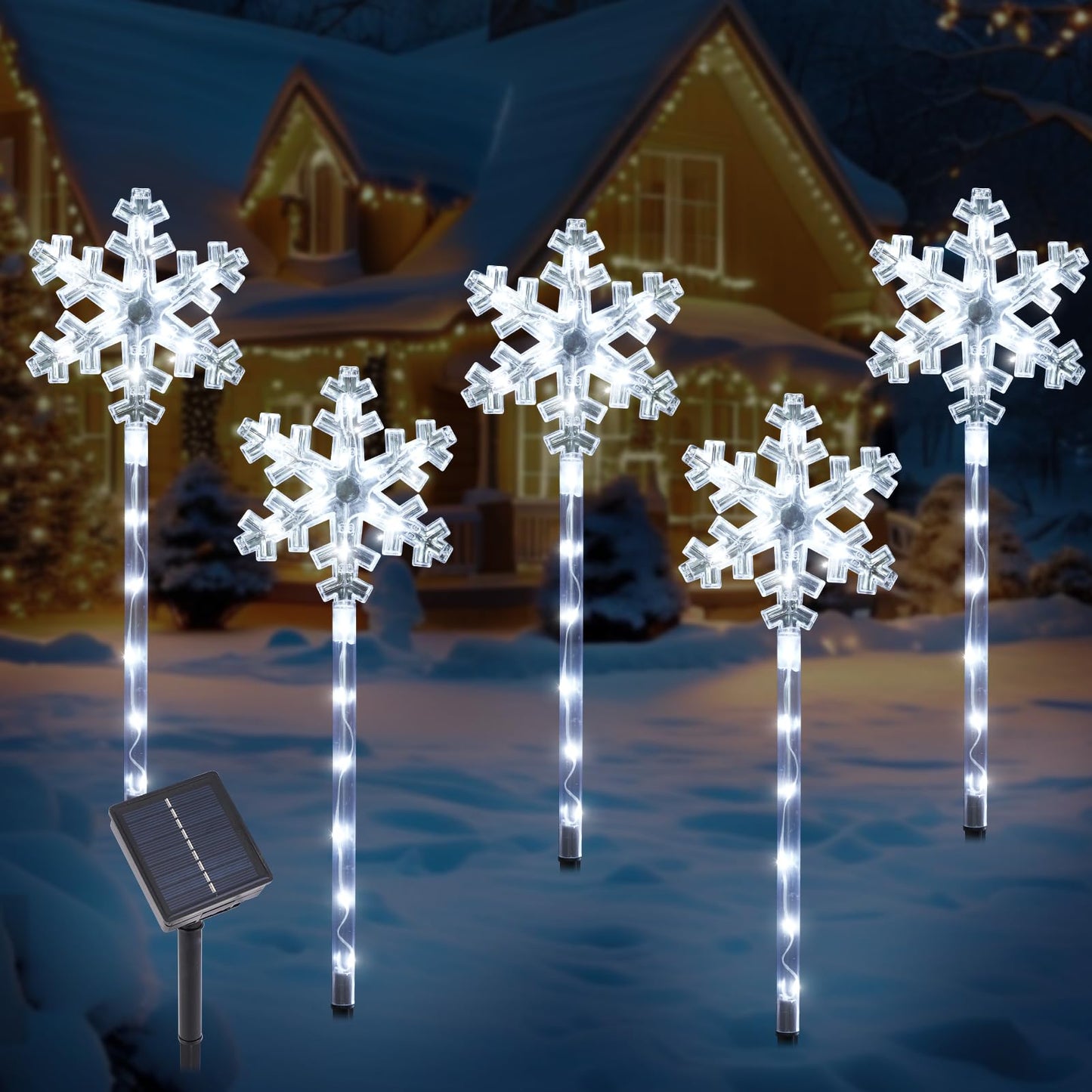 Solar Christmas Snowflake Pathway Lights, Set of 5 Outdoor Garden Lights Decorations，Waterproof Stake Decorative Light for Yard Lawn Porch Walkway Decor (Cool White, 5 Pack)