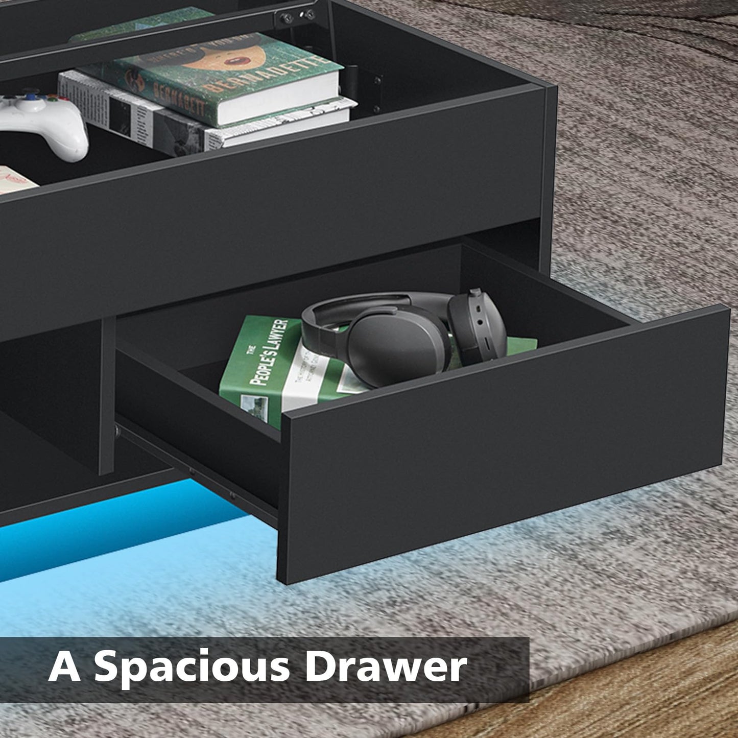 LED Coffee Table Black Lift Top Coffee Table with Storage Modern Tea Table with Drawer Lift Up Dining Center Table with LED Light for Living Room Home Office