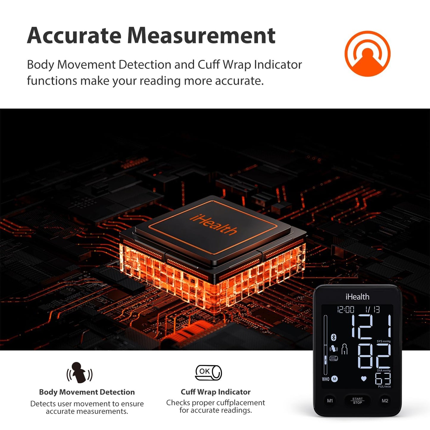 iHealth Accu Wireless Blood Pressure Monitor with Bluetooth Cloud Storage, Body Movement Detection, Wrap Indicator, Adjustable Large Adult Cuff(8.7-16.5 inch), Dual User Functionality for Home Use