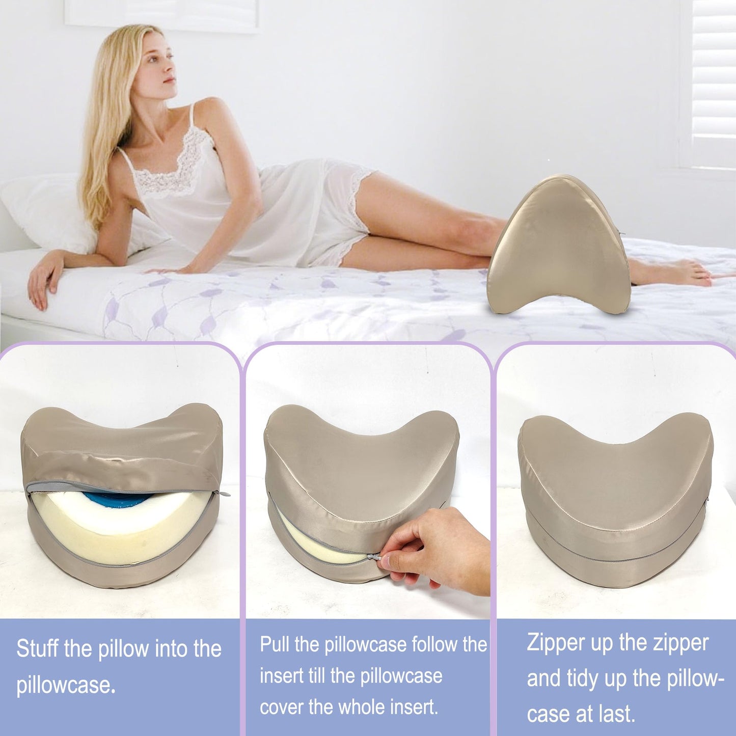 xcivi Satin Pillowcase for Contour Memory Foam Side Sleeper Support Pillow, Pillowcover for Knee Pillow, Smooth & Soft Pillow Cover (Champagne)