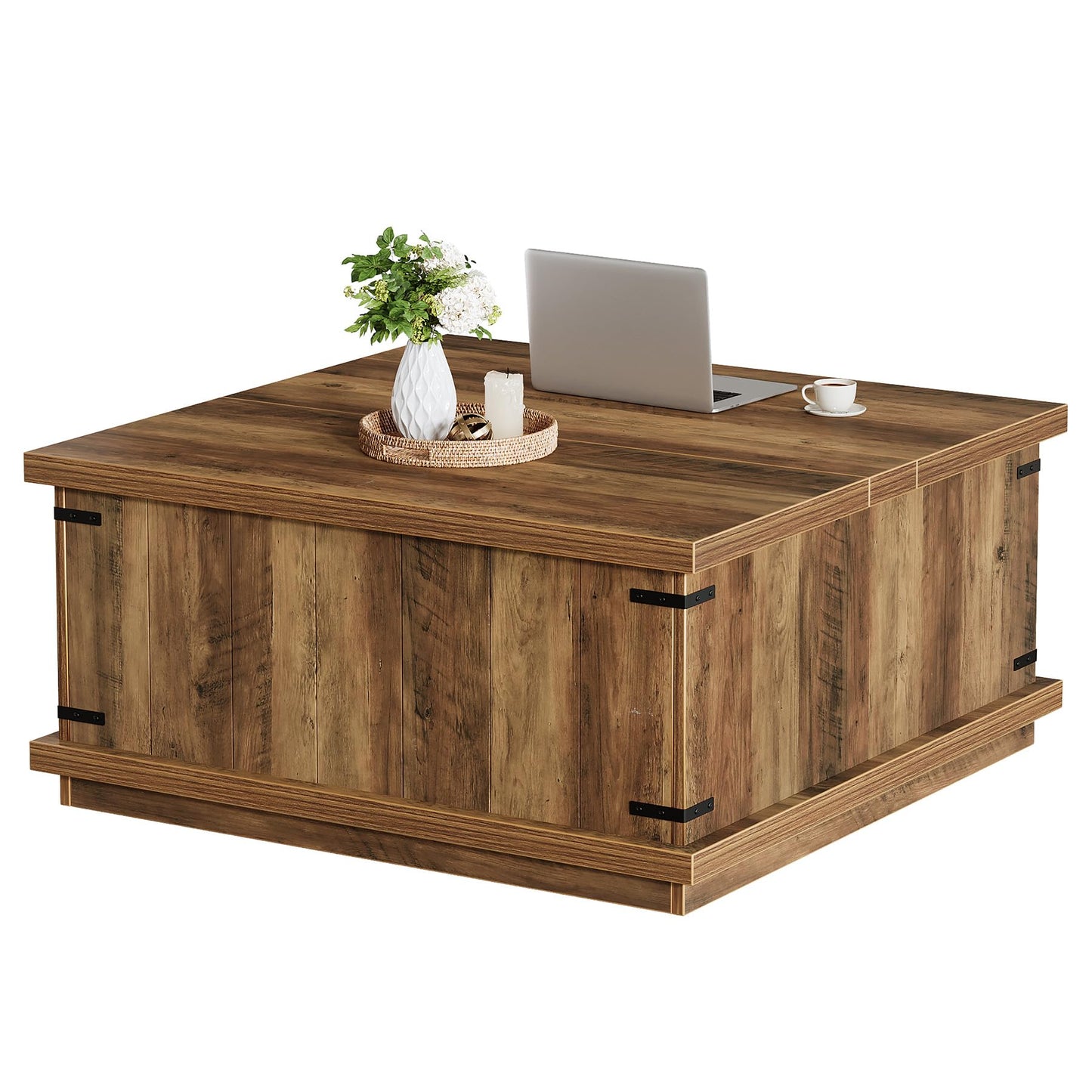 Tribesigns Farmhouse Lift Top Coffee Table, 33.46'' Square Wooden Center Cocktail Table with Large Hidden Storage Compartment for Living Room, Rustic Brown