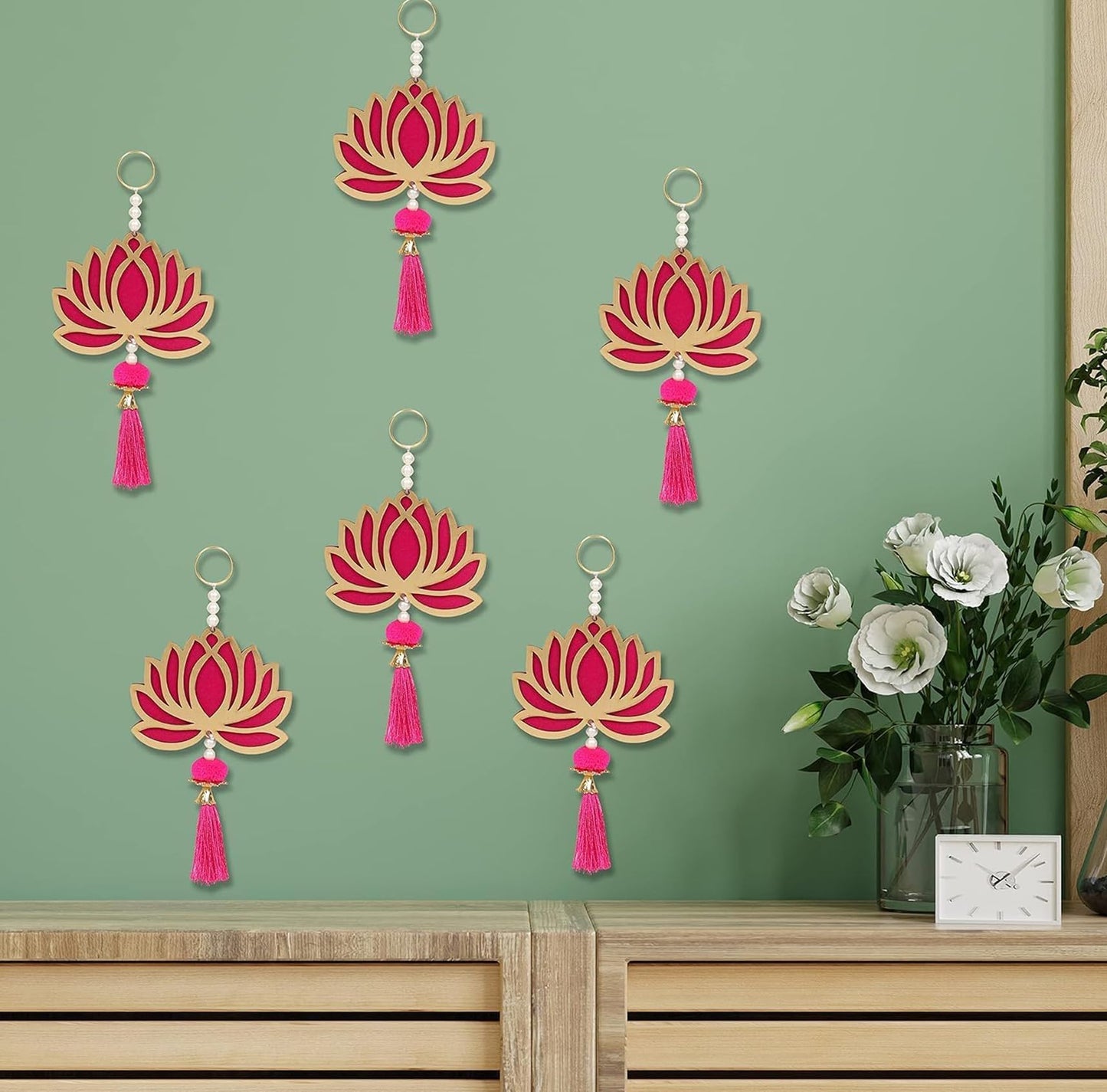 Lotus Hangings for Decoration MDF Floral Wall Hangings for Fastive Decor Temple Pooja Room Gift Ready Packaging (Pack of 6)
