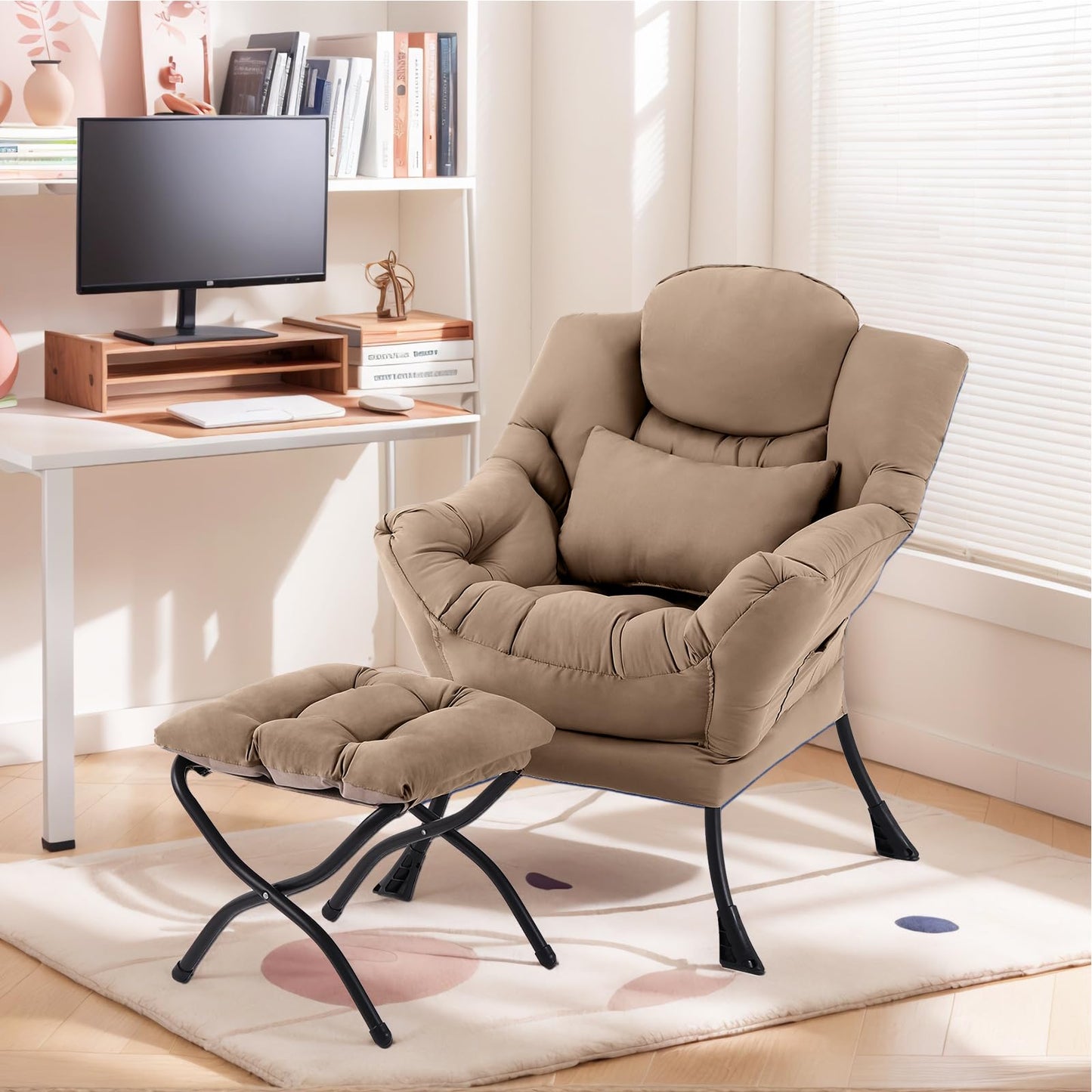 Furlide Lazy Chair with Ottoman, Modern Lounge Armchair with Lumbar Pillow, Accent Cozy Reading Chair and Folding Footstool for Bedroom, Dorm, Living Room,Khaki