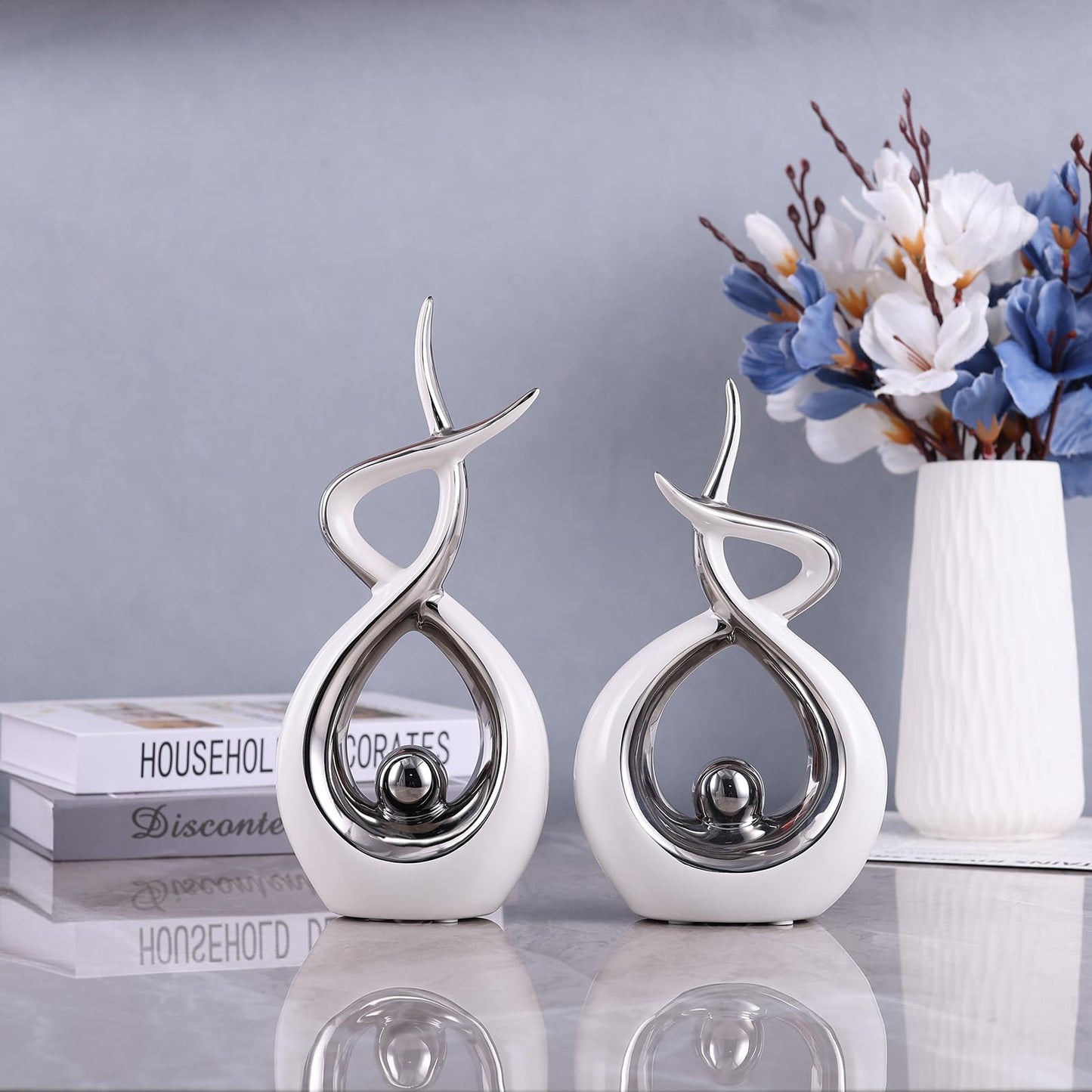 PlivBloom Silver White Abstract Ceramic Modern Sculpture, Knick Knacks Statues for Living Room, Shelf, TV Stand, Coffee Table, Dining Room, Office, Bedroom, Home Decor, Centerpiece, Great Gift Idea