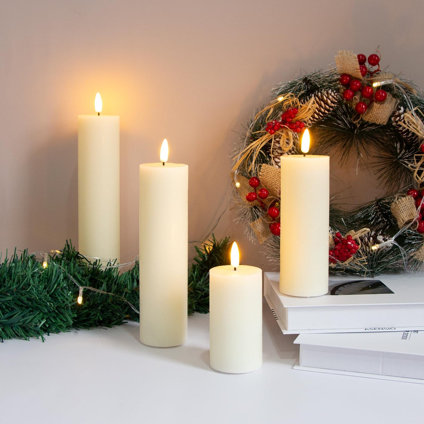 Vtobay Flickering Flameless Pillar Candles with Remote Control and Cycle Timer,Ivory Pack of 4 Battery Operated(Powered by 2AA) LED Real Wax Tall Fake 3D-Wick Electric Candles(D 2.2” x H 4”,6”,8”,10”)