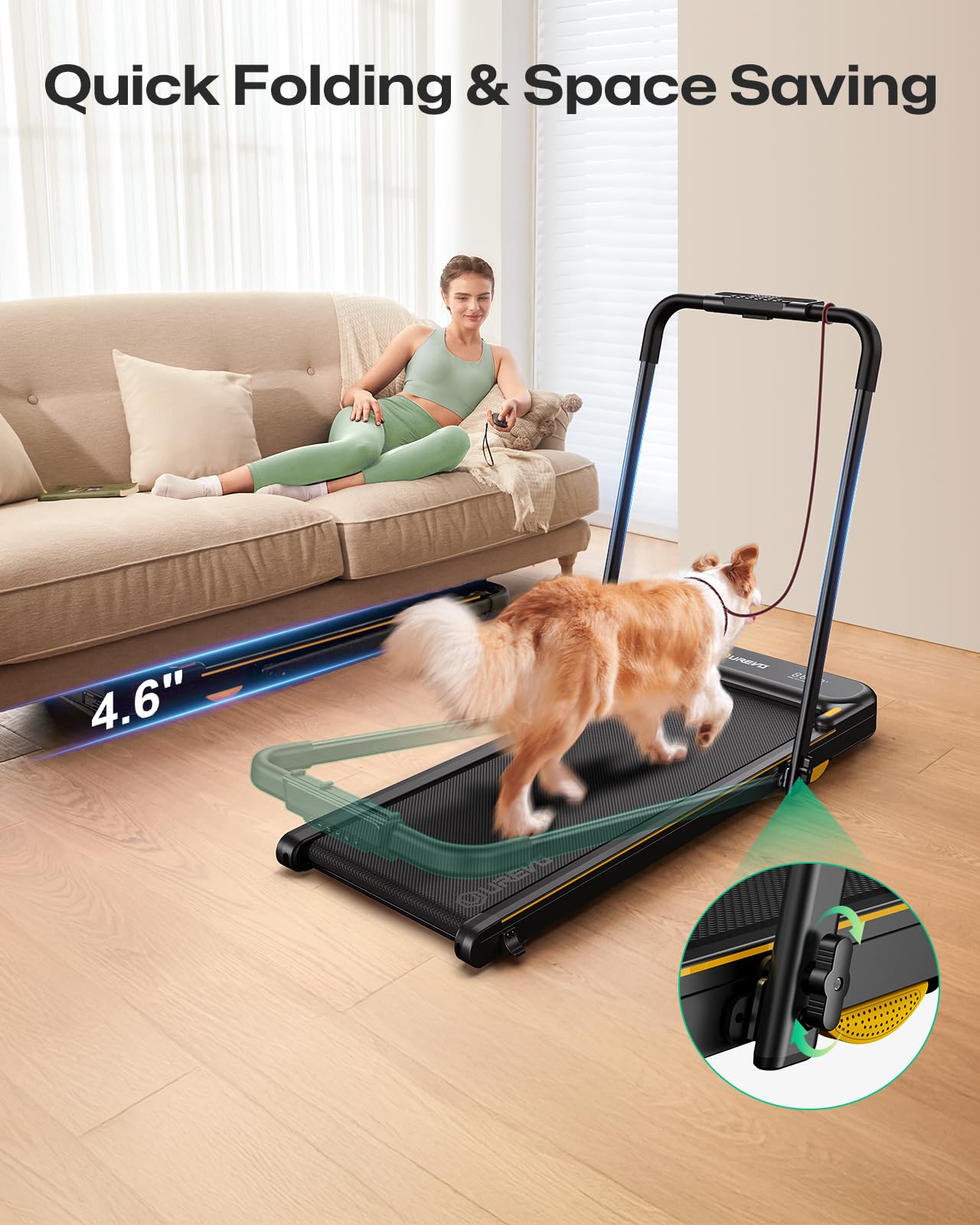 UREVO Smart 2-in-1 Folding Treadmill, Compact Walking Pad with Safety Handle, Plug and Play, Dual LED Display, Workout APP, Walking or Running for Home Office, Remote Included