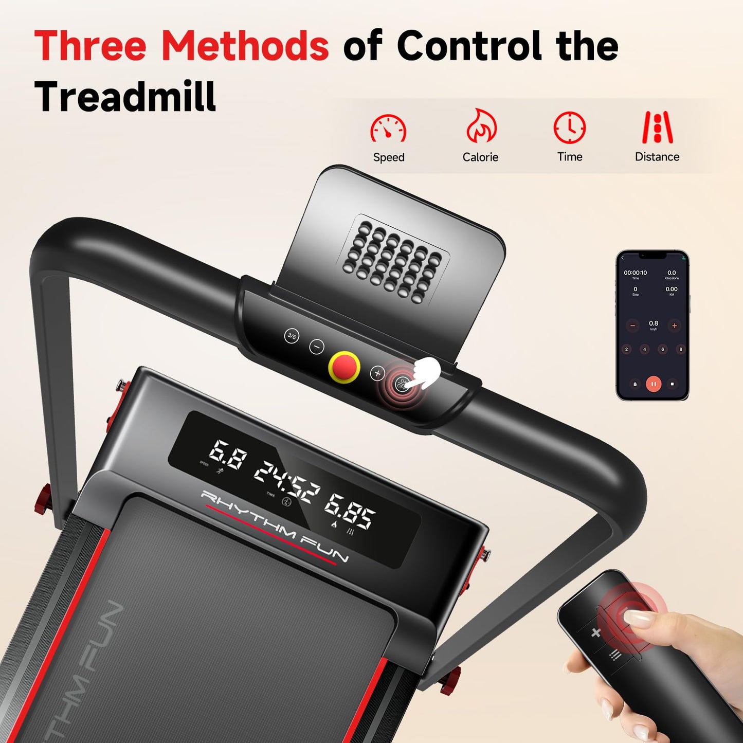 RHYTHM FUN Treadmill with Incline, Walking Pad Treadmill with Handle Bar, Walking Pad with Incline 300lbs Foldable Treadmills with APP, Portable Folding Treadmills for Home/Office with Low Noise