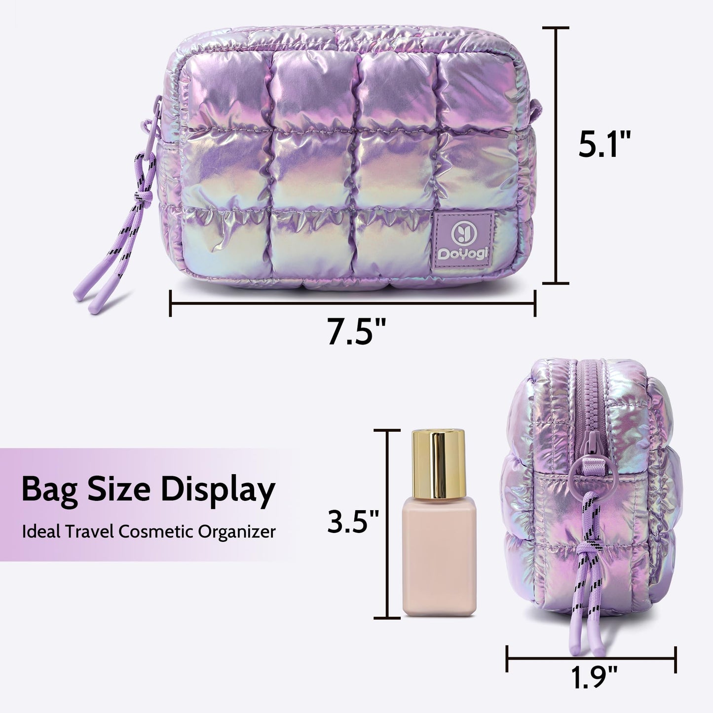 DOYOGI Quilted Cosmetic Bag, Puffer Makeup Bags, Crossbody Purses for women,Cute Travel Toiletry Bag for Women (Dazzling Light Purple)