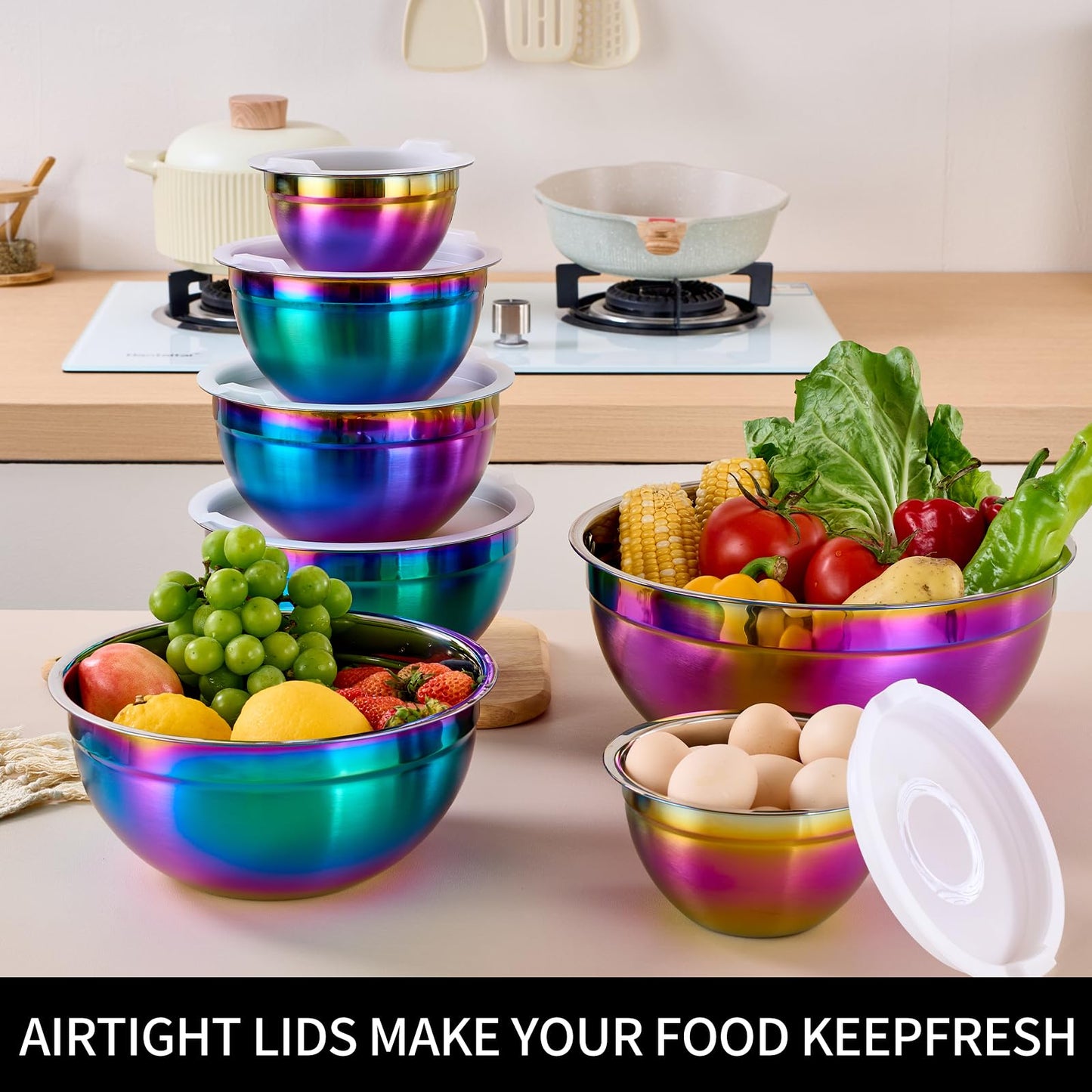 LKTDYMEG Rainbow Mixing Bowls with Lids Set of 7, Stainless Steel Nesting Bowl with Khaki Lid for Non-slip Mixing Prepping Storing Serving, 7 Sizes-7/3.6/2.7/2.1/1.5/1/0.8 QT