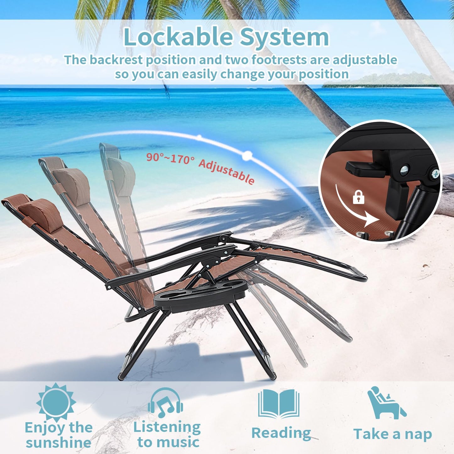 RICHRYCE Zero Gravity Chair Set of 2, 350 lbs Capacity, Reclining Folding Outdoor Chairs with Adjustable Headrest & Cup Holder, Anti - Gravity Loungers for Backyard, Patio, Lawn, Poolside (Brown)