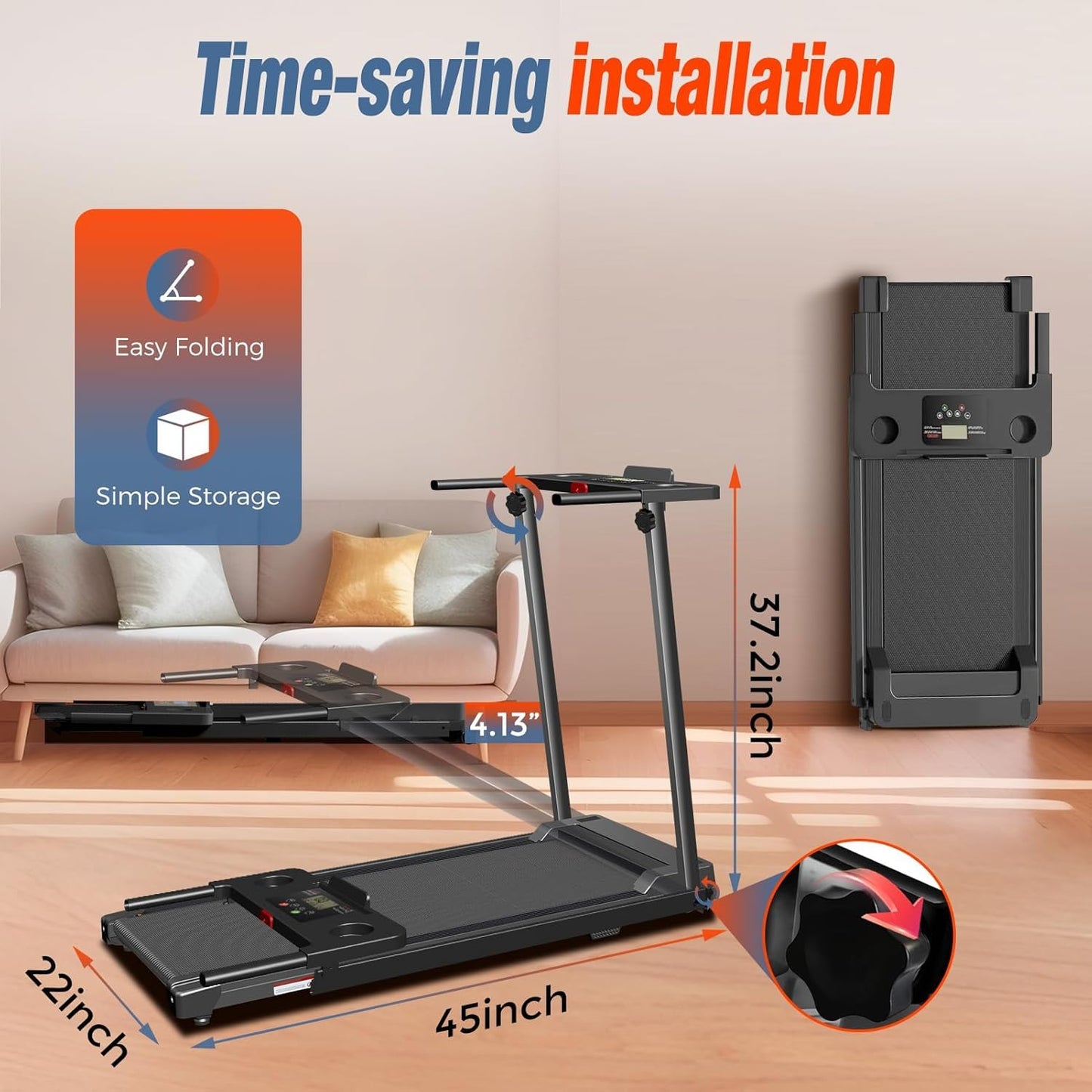 ApexNexus Treadmill with Handles, Portable Small Treadmills for Home and Office, 3.0HP Folding Walking Pad with 300 lbs Capacity, Cup Holder, LED Display and 12 Preset Programs