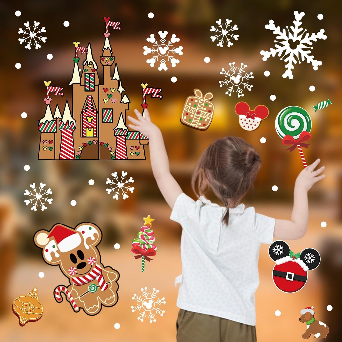 Christmas Gingerbread Window Cling Decorations - 12 Sheets Double-Sided Christmas Gingerbread Sticker for Window Decor, Mouse, Castle, Snowflake Stickers for Indoor Office Home Decor