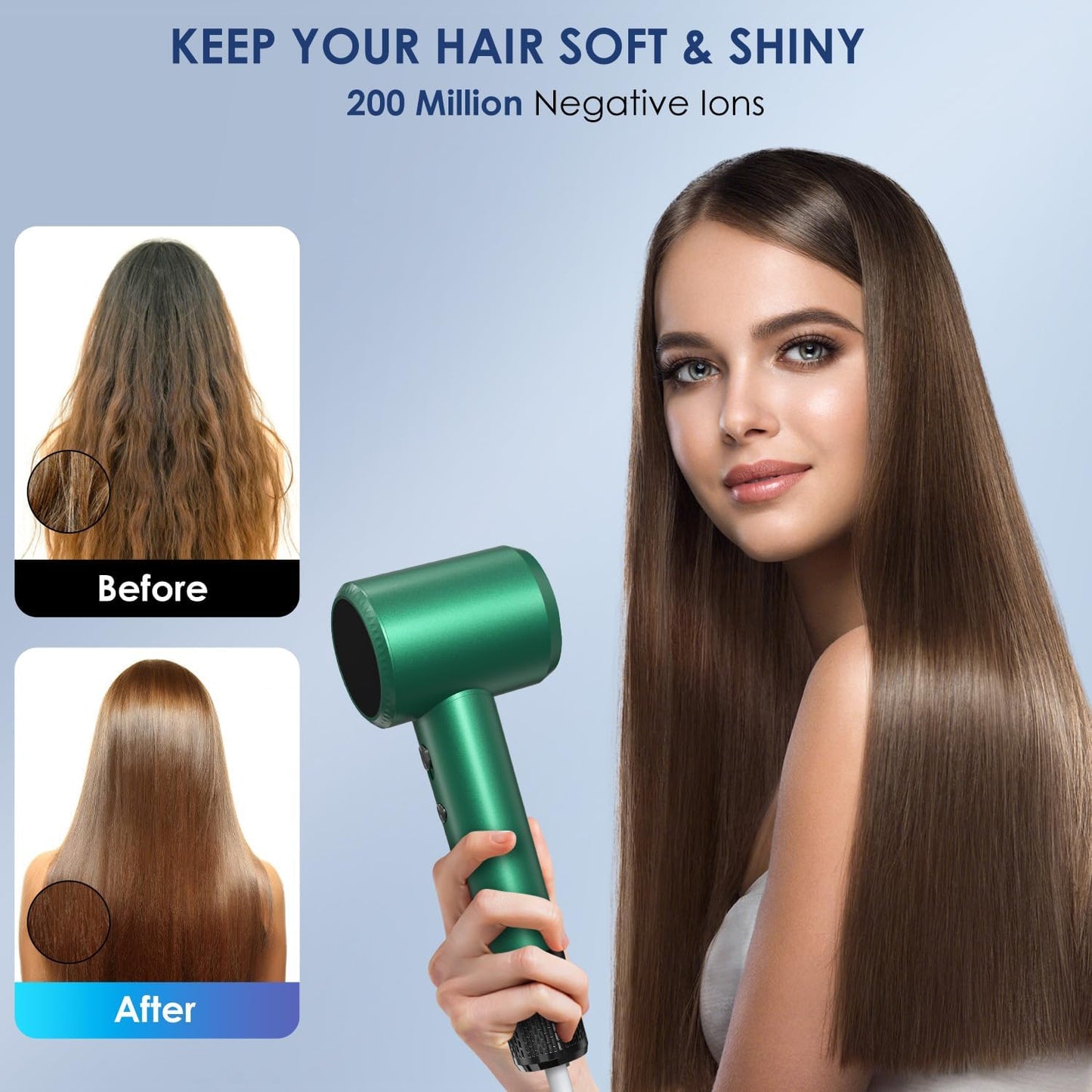 Professional Hair Dryer - 150000 RPM High-Speed, Negative Ionic for Fast Drying and Hair Care. Low Noise, 4 Temps/2 Speeds, Lightweight with Magnetic Nozzle. (Green)