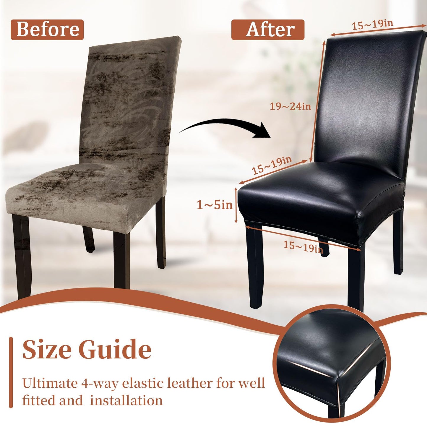 Pu Leather Dining Chair Covers set of 4, Waterproof Kitchen Chair Covers for Protecting Chairs from Stain/Scratch, Soft & Elastic Parsons Chair Slipcover Well-Fitted for Dinning Room(Black, 4Pcs)