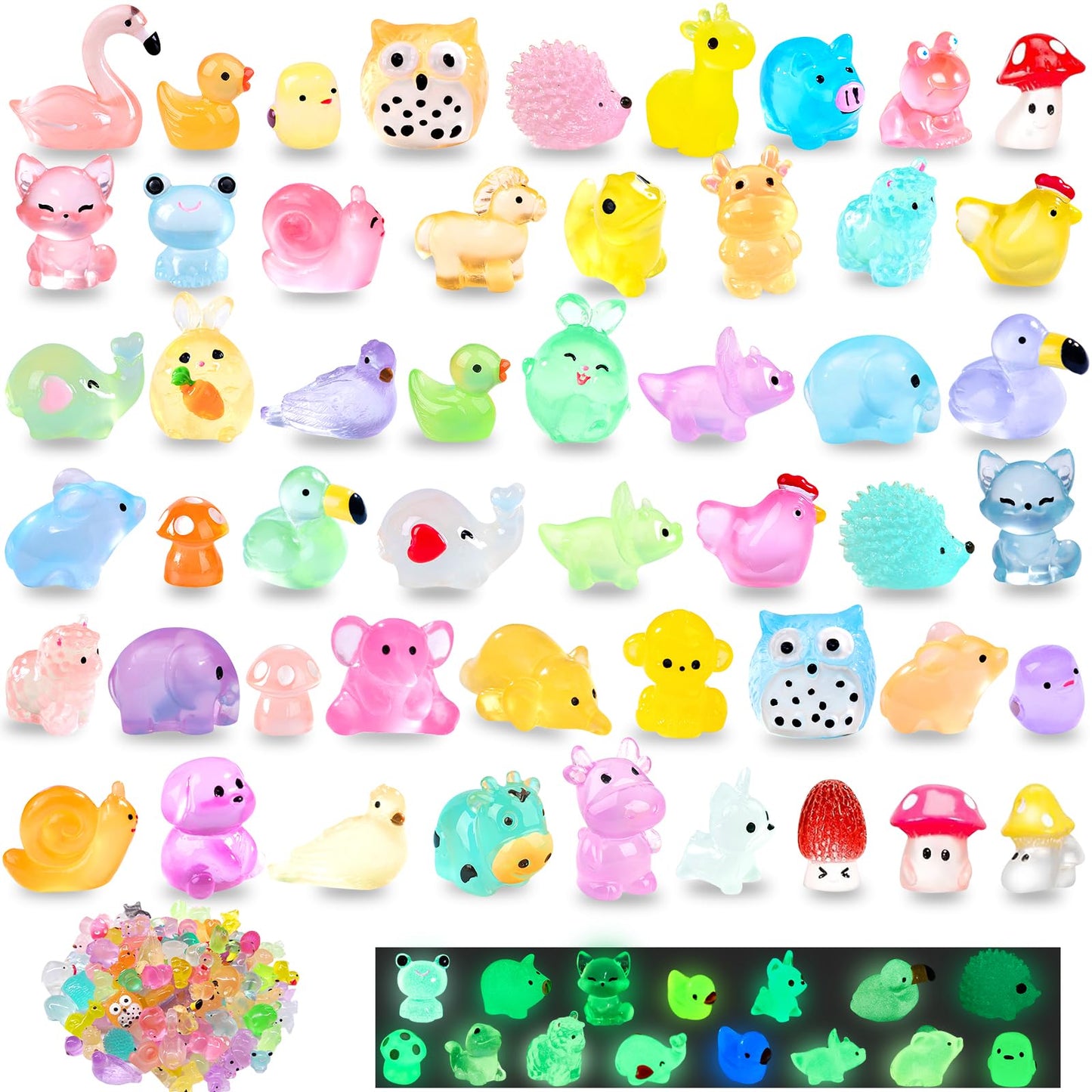 120PCS Luminous Mini Animals Glow in The Dark, 43 Style Tiny Resin Animals for Prank Garden Micro Landscape Dollhouse Decor Craft
