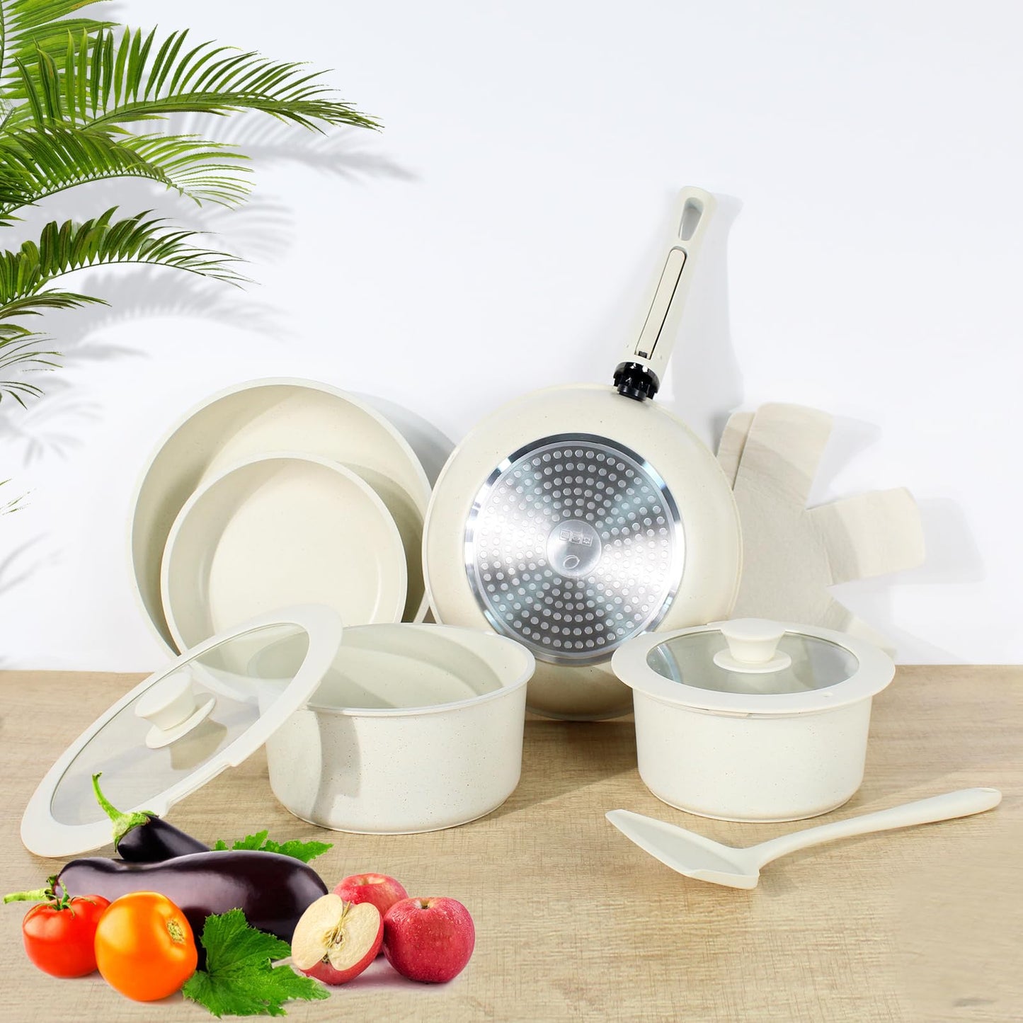 11 PCS pots and pans set, pots and pans set non stick, Removable Handles, Induction and Oven Safe Cookware Set, Dishwasher Safe, Cream