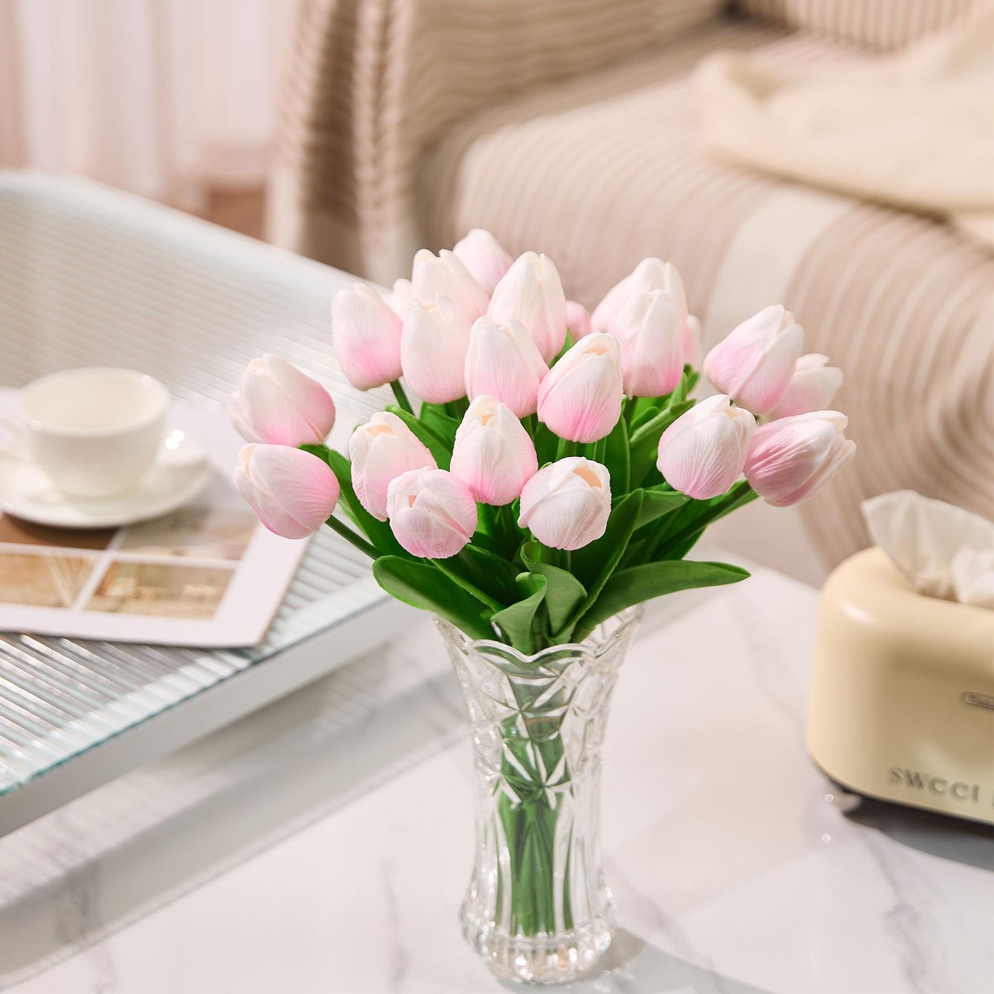 Drewev 30 Pcs Tulips Artificial Flowers Fake Pink Flowers Latex Tulips Real Touch 13" Silk Flower for Spring Mother's Day Easter Gifts in Bulk Home Kitchen Wedding Decorations