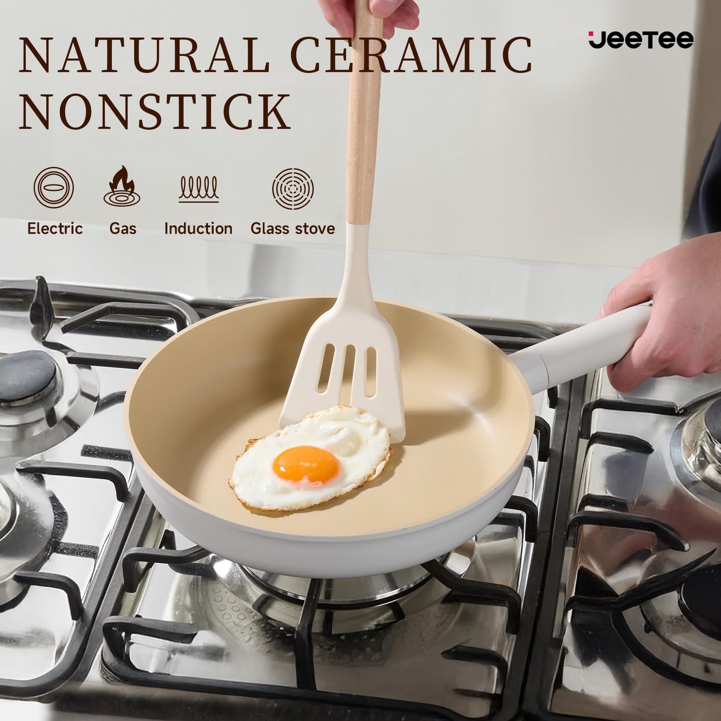 JEETEE Ceramic Cookware Set, 13 Pcs Pots and Pans Set Nonstick with Rotation Removable Handles, Healthy Non-Toxic Cooking Set for All Stoves, Stackable Pots Pans, Oven Safe, PFOA/PFOS Free, Cream