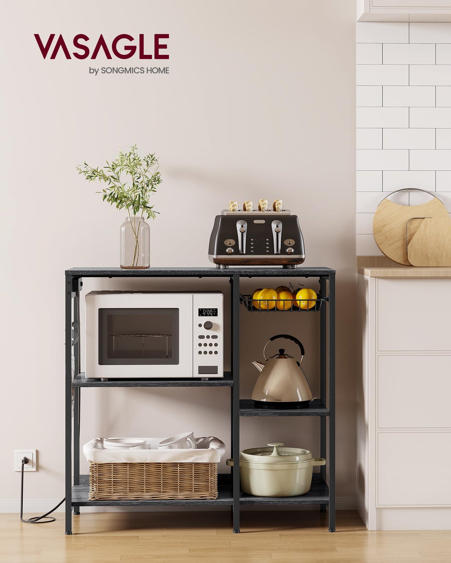 VASAGLE Baker's Rack, Coffee Bar Stand with Charging Station, Storage Shelves, Pull-Out Wire Basket, Table for Microwave, Kitchen, Charcoal Gray UKKS036B22, 15.7 x 35.4 x 35.6 Inches