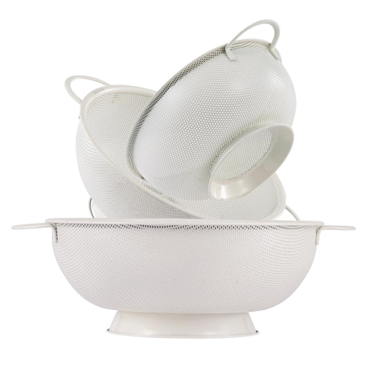 Stainless Steel Colander 3 Piece,Metal Strainer Basket with Solid Base and Handles for Kitchen Food,Pasta, Noodles, Vegetables and Fruits,Powder Coated,BPA Free,Dishwasher Safe,2 & 3 & 4.5 Qt (Cream)