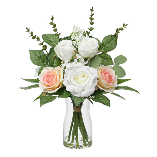 Hollyone Faux Flowers in Vase Artificial Silk Rose Flowers with Faux Eucalyptus Plants Arrangement with Vase Rose Flowers Bouquets Table Centerpieces Decorations Living Room Office Bathroom Home Decor