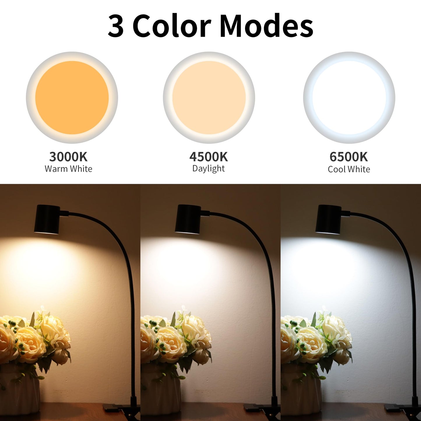 Dott Arts Desk Lamp,USB Clip On Light,3 Color Modes,10 Brightness Levels,360° Gooseneck LED Reading Light,Eye-Care for Home Office,Headboards, Black
