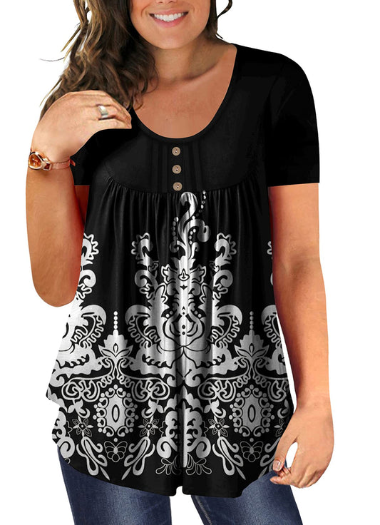 BeadChica Women's Plus Size Tunic Tops Casual Flowy Tshirts Ruched Botton Up Short Sleeve Blouses-Floral-XL White Pattern