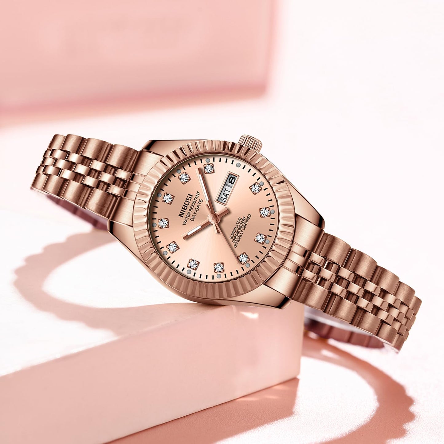 NIBOSI Watches for Women Analog Quartz Stainless Steel Dial Rose Gold Bracelet with Day Date Luminous Waterproof Dainty Classic Luxury Diamond Elegant Dress Women's Watch for Small Wrists