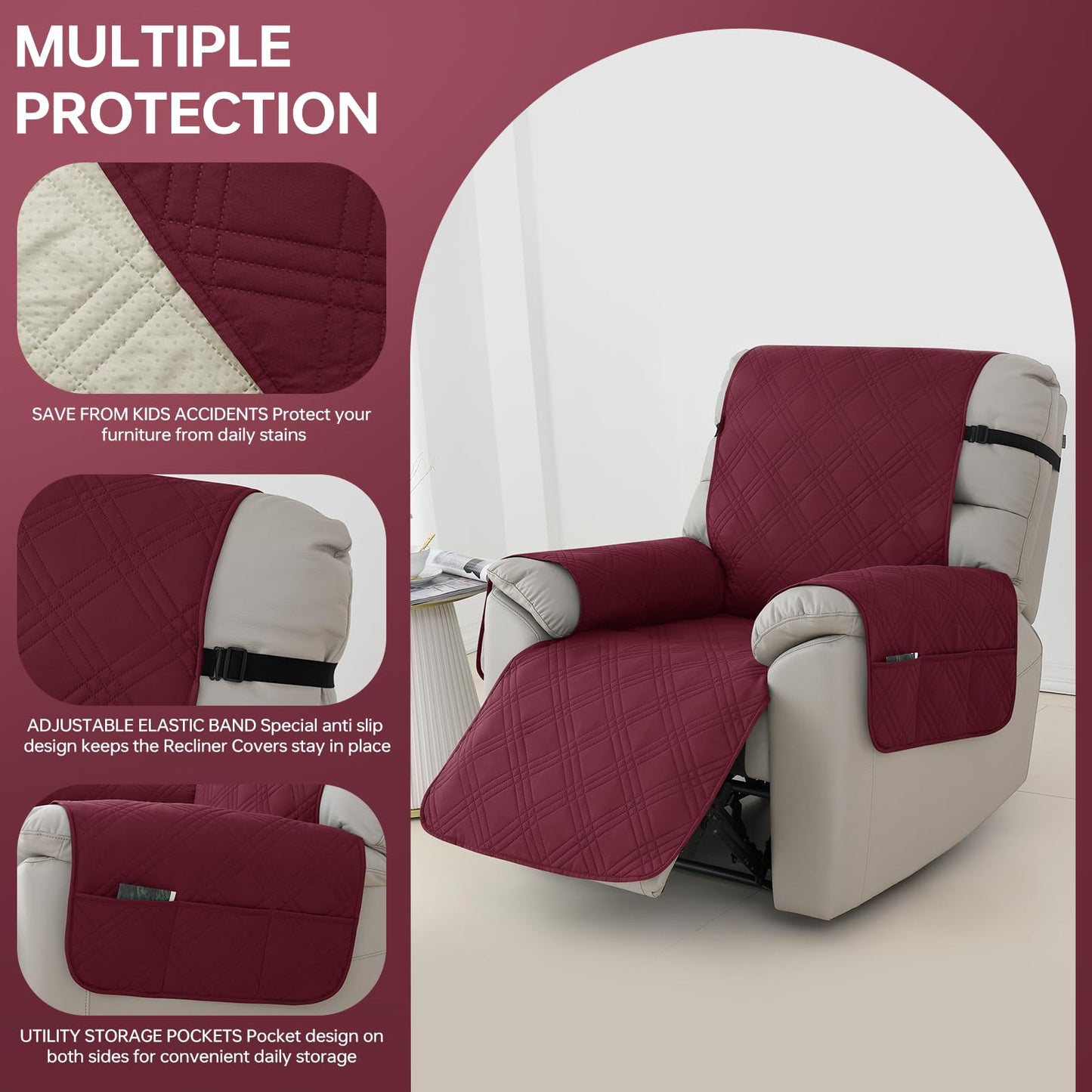 Deisy Dee Waterproof Recliner Chair Covers with Storage Pocket - Extend Sofa Life, Comfortable & Washable, Available in 10 Colors (Burgandy, 24.8 ")