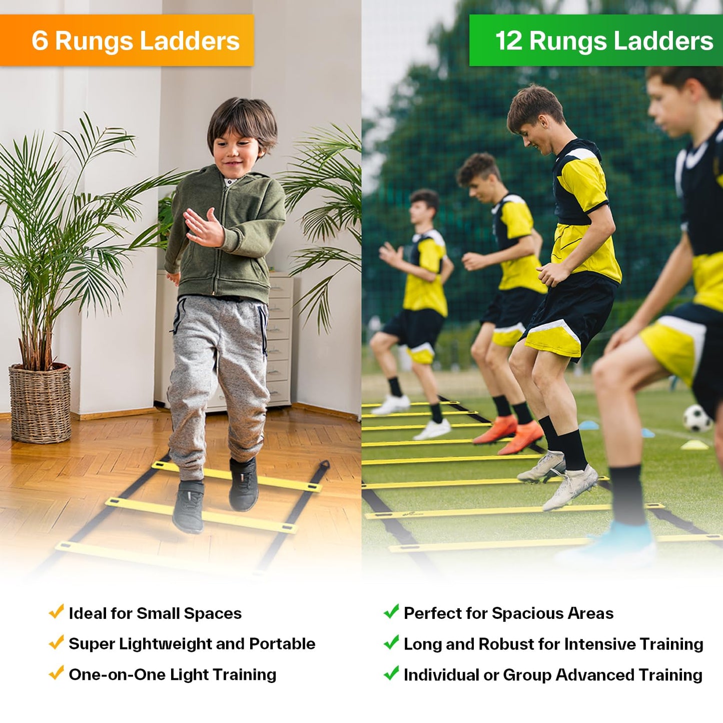 Sportneer Agility Ladder Speed Training Set - 12 Rungs 20ft Detachable Exercise Ladders in 2pcs (6 rungs each) with Ground Stakes for Soccer Football Footwork Training - Ladder with Carry Bag - Yellow