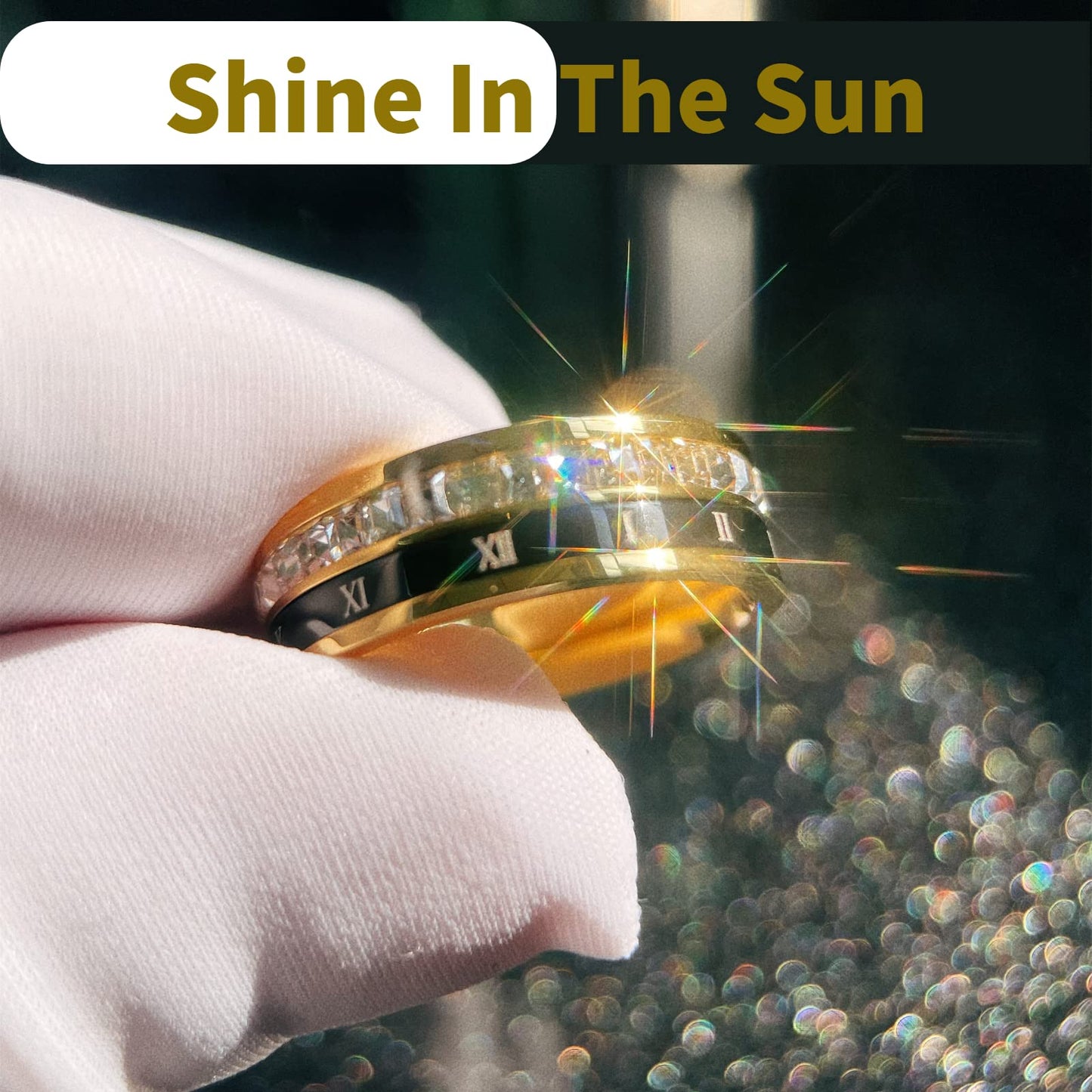 18K Gold Plated Roman Numeral Cubic Zirconia Ring for Men, Square CZ Gold Rings for Men, Spinner Silver Mens Rings Stainless Steel Size 5-13 (Gold Zirconia Ring, 9)